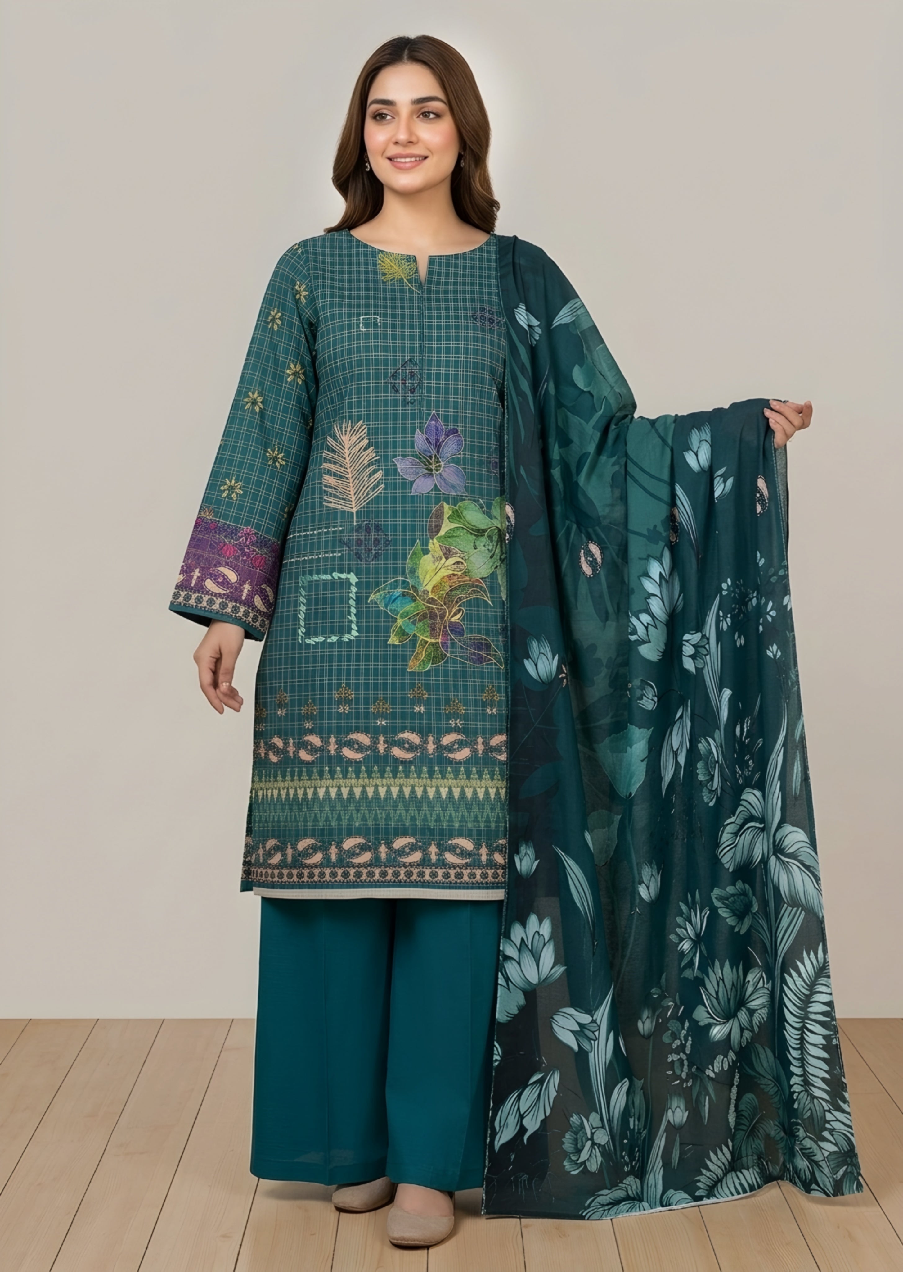 khaddar Unstitched in Pine green