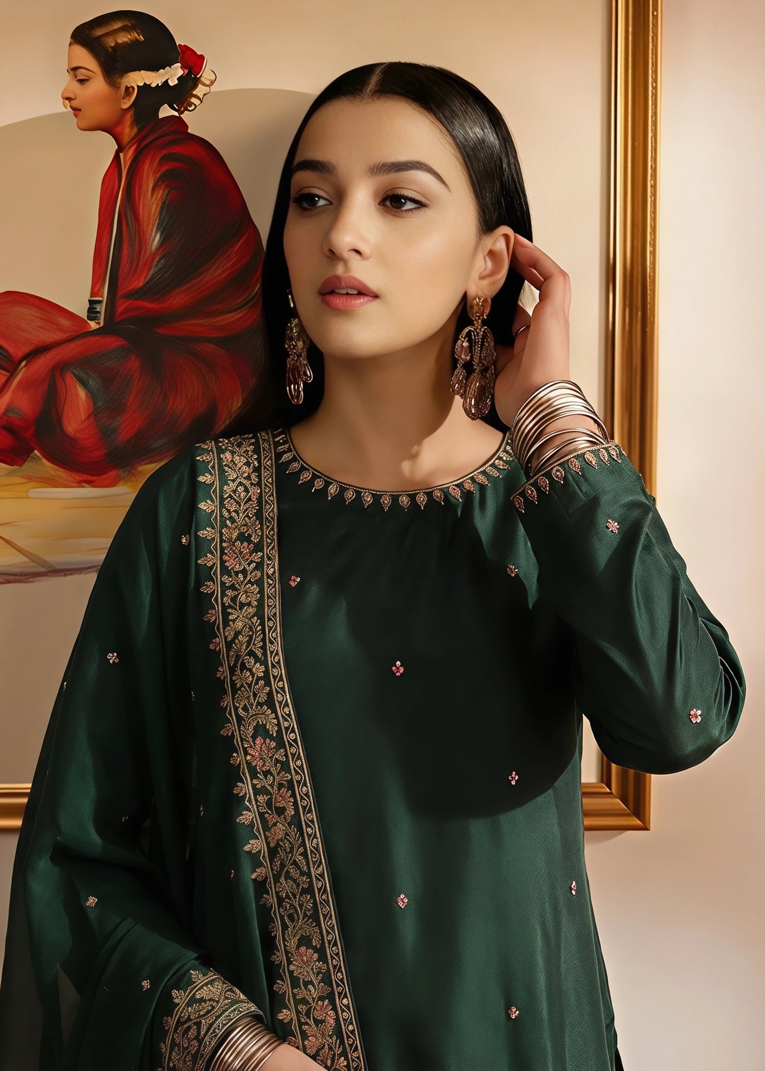 silk Kurta Set in Dark green