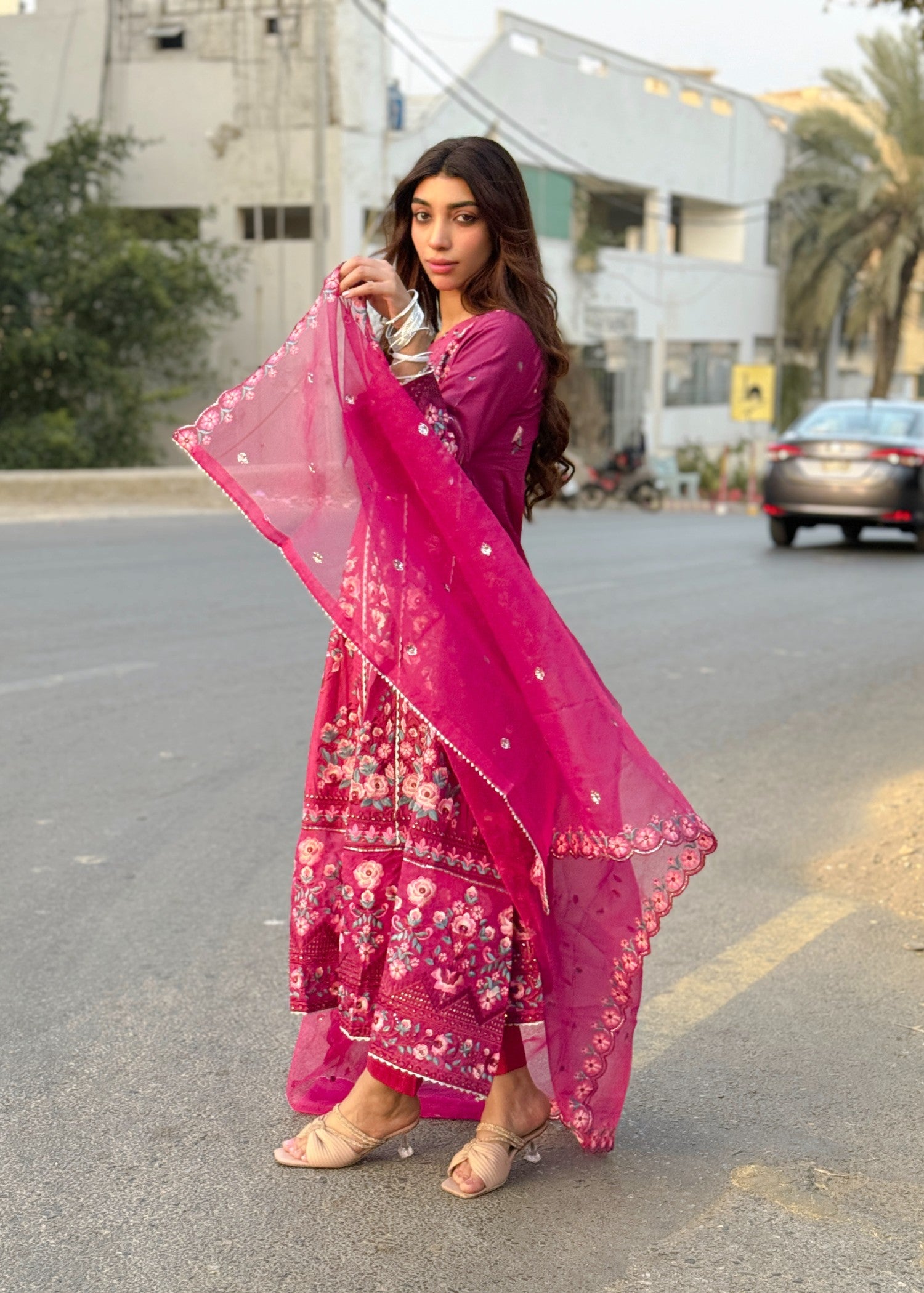 lawn cotton Anarkali in Raspberry pink