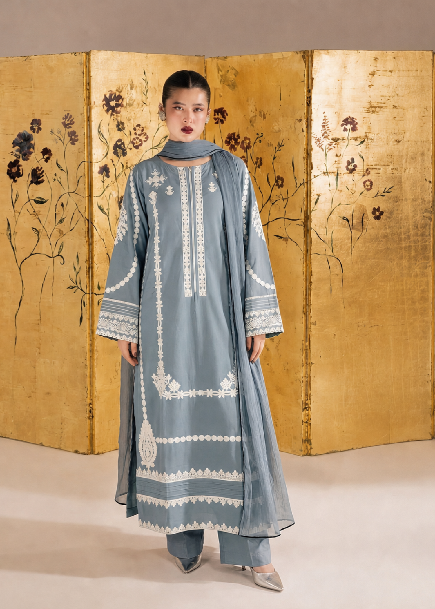 lawn Kurta Set in Slate blue