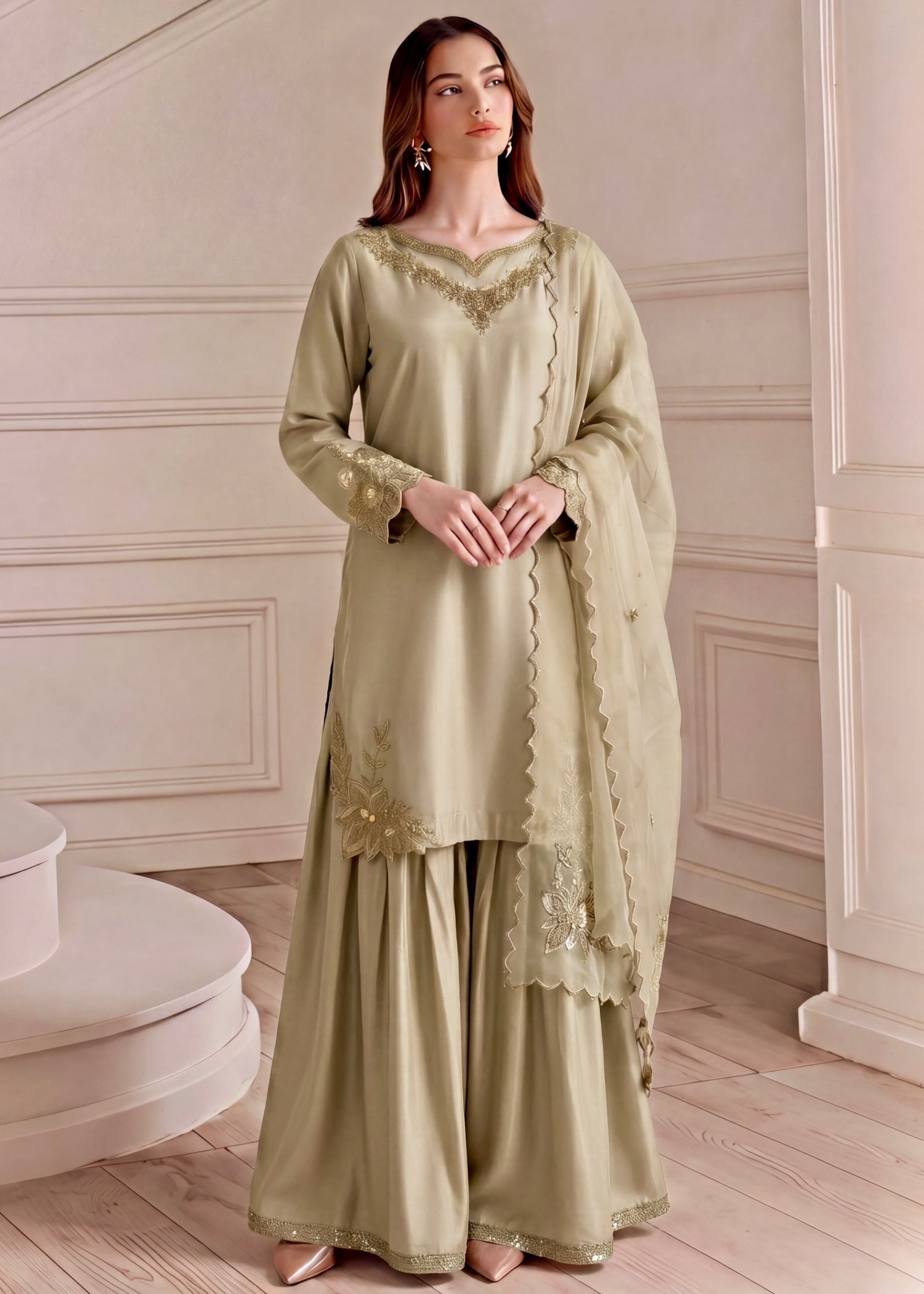 silk Gharara in Sage green