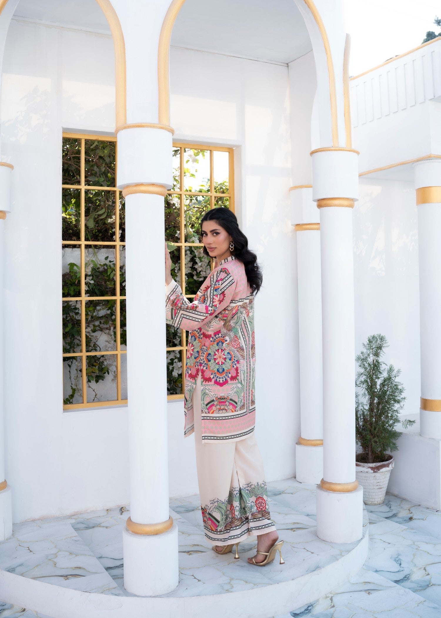 poly lawn Kurta Set in Baby pink, multi