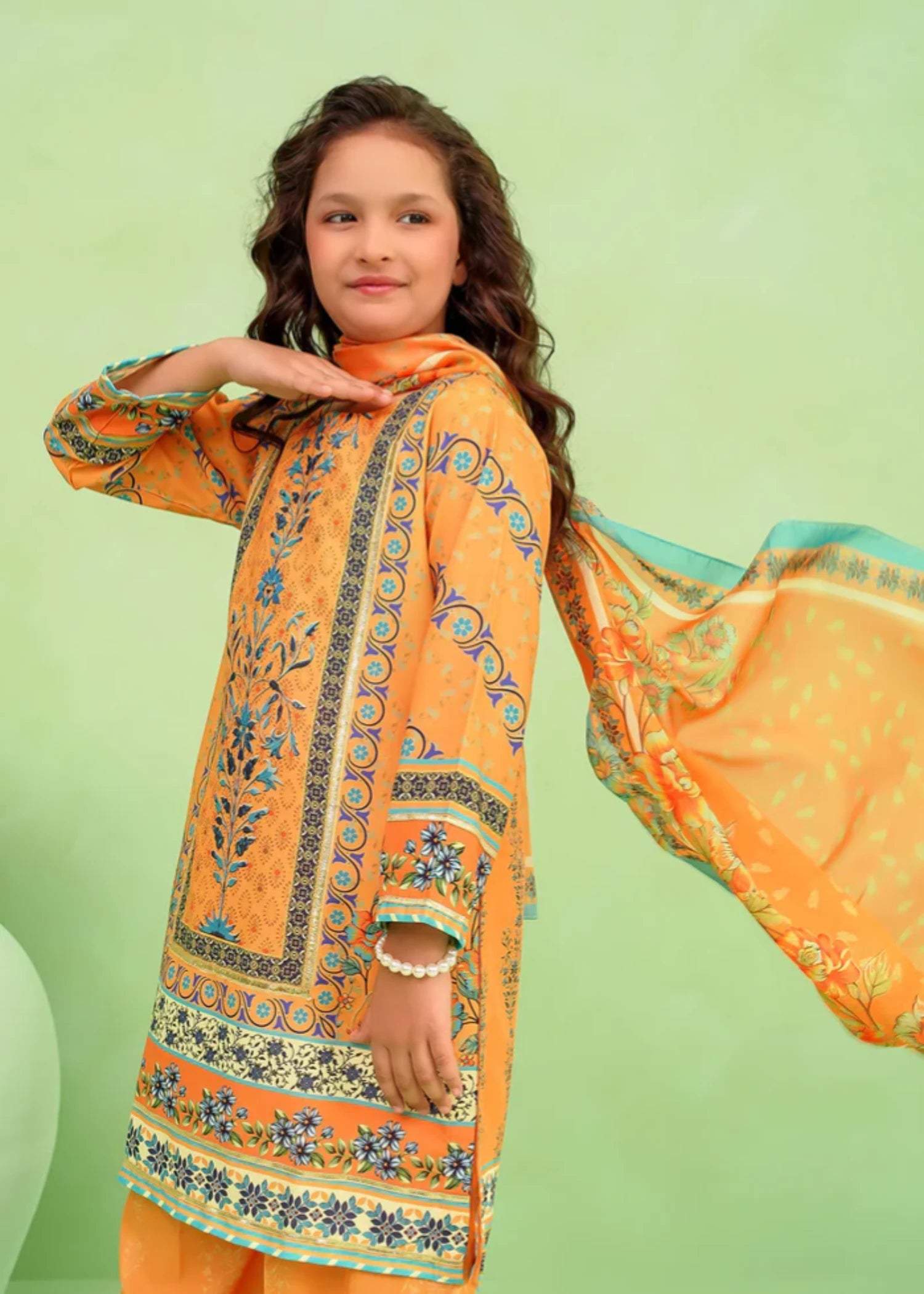 poly lawn Kurta Set in Yellow-orange