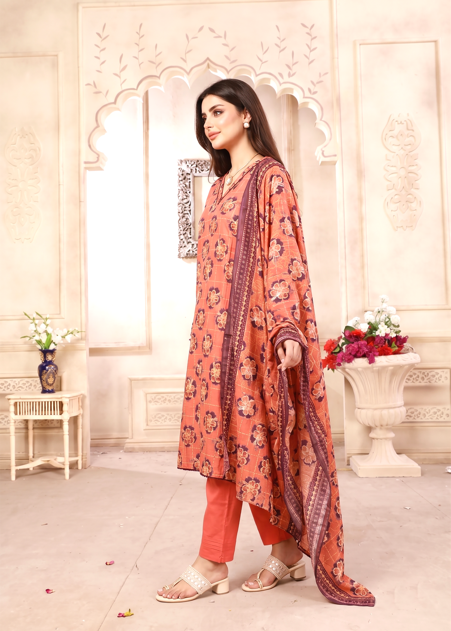 lawn Kurta Set in Coral red