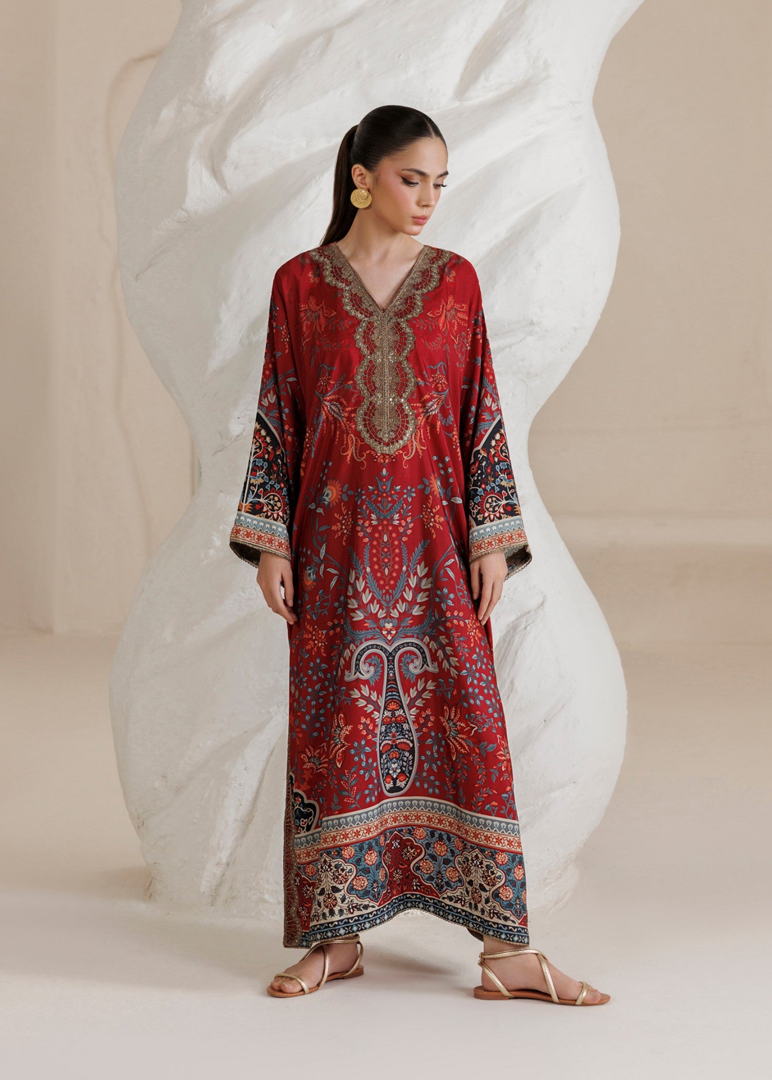 raw silk Kaftan in Maroon
