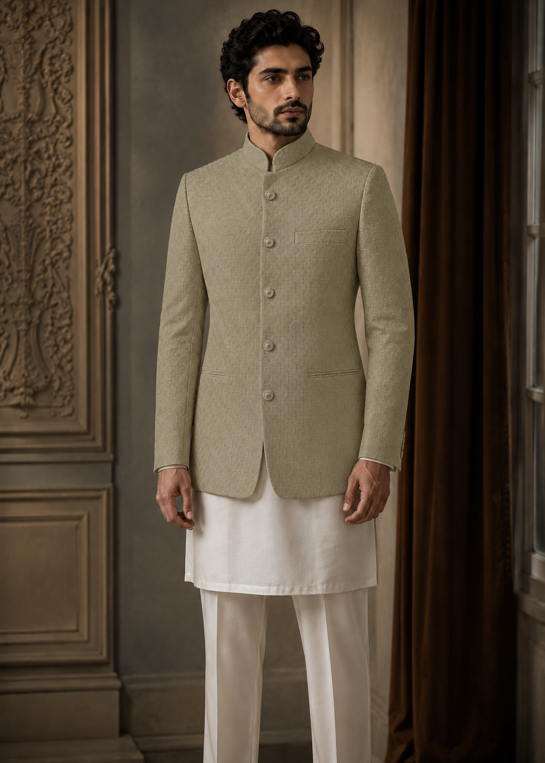 chikankari cotton Prince Coat in Pistachio green