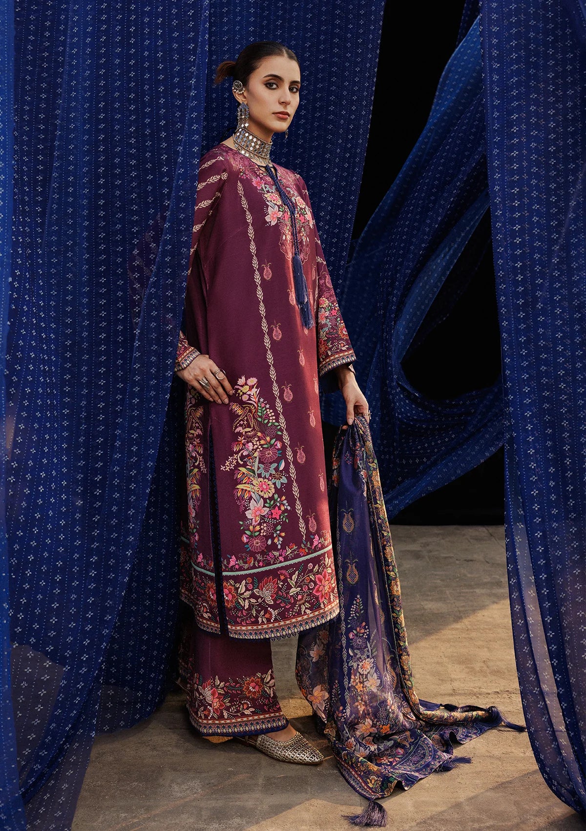khaddar Unstitched in Plum purple