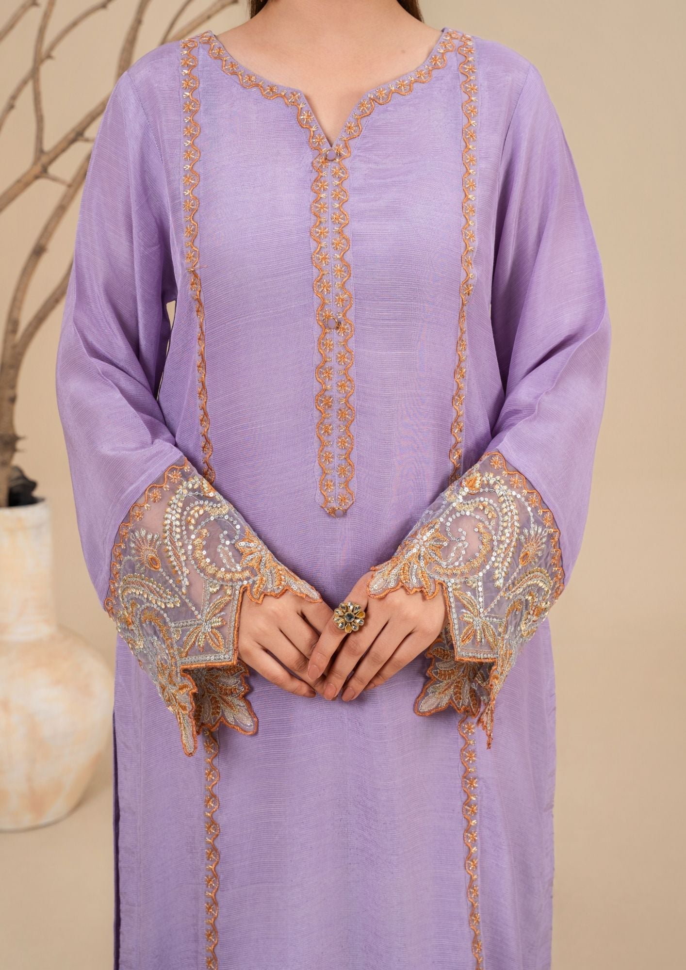 viscose raw silk Kurta Set in Lilac