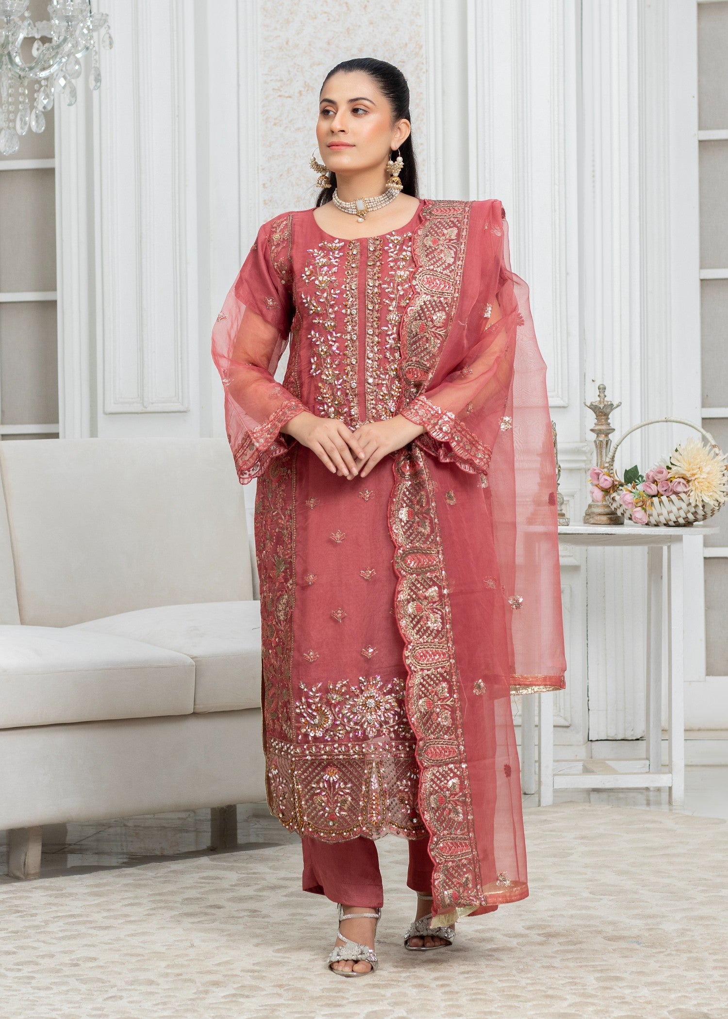 organza Kurta Set in Taffy pink