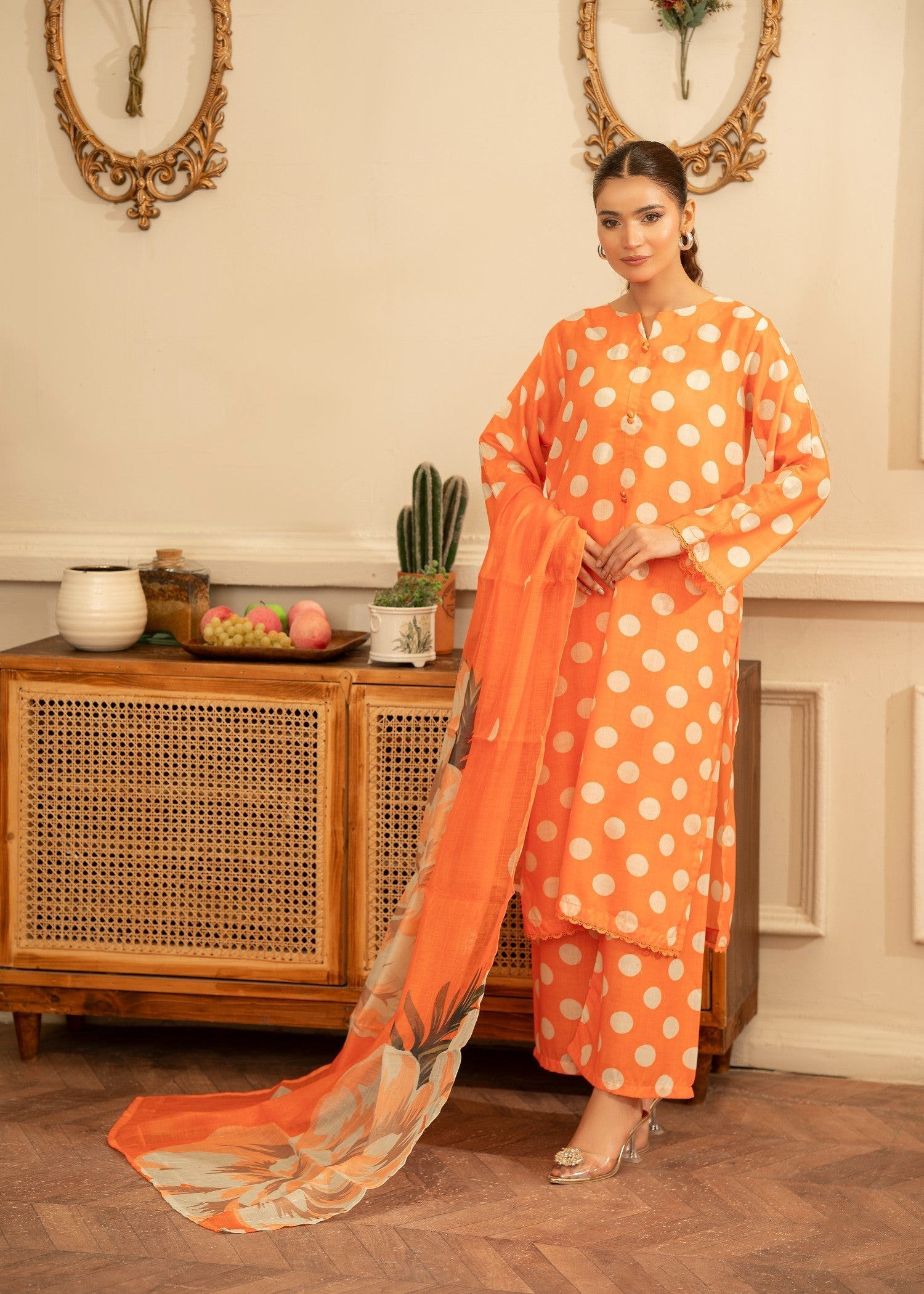 poly lawn Kurta Set in Orange