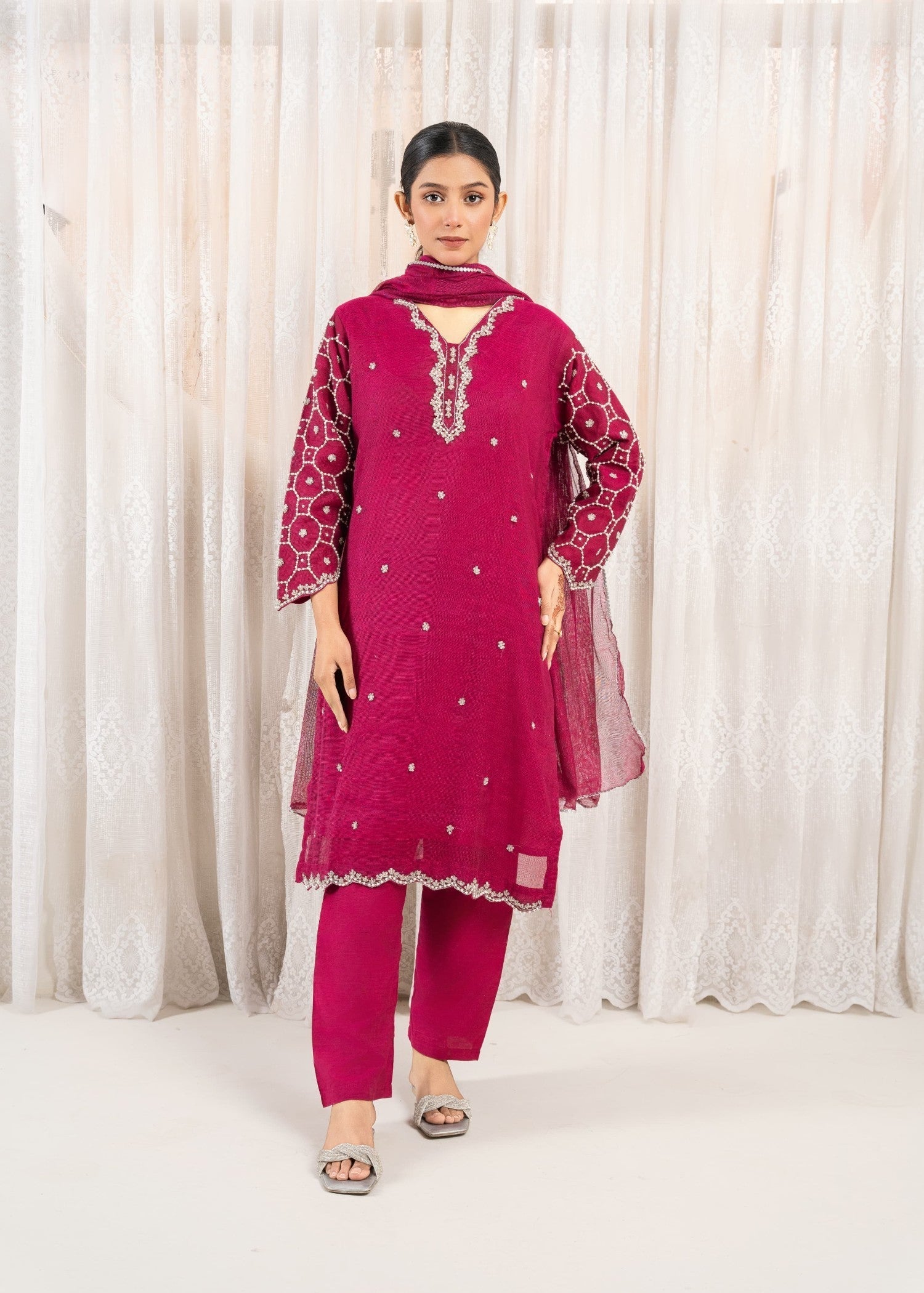 khaddi net Kurta Set in Shocking pink
