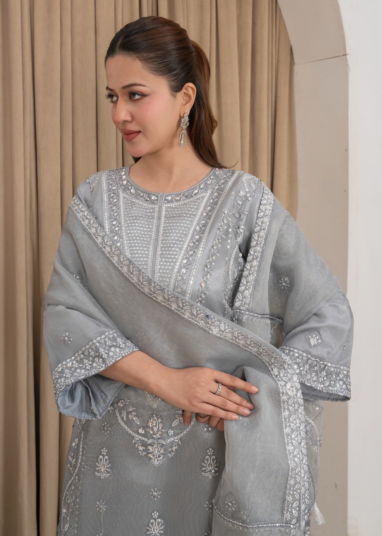 organza Kurta Set in Pastel grey