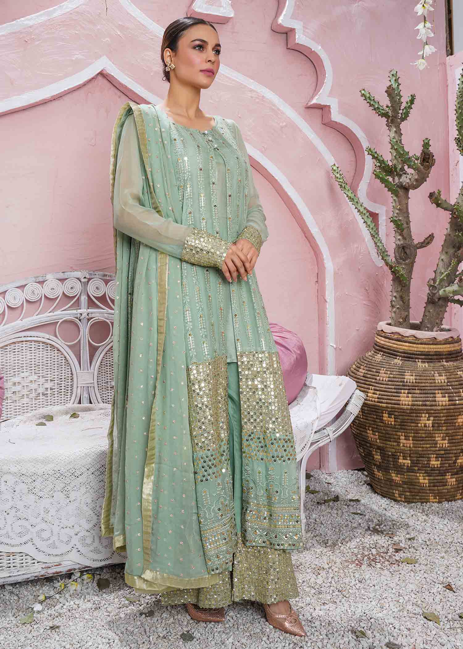 chikankari cotton Gown in Mint green