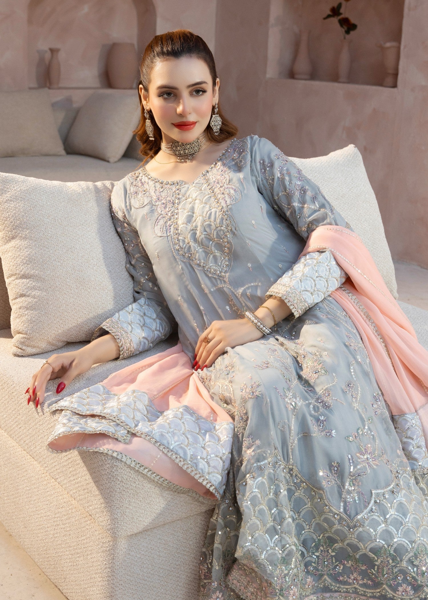 chiffon Pishwas in Slate grey