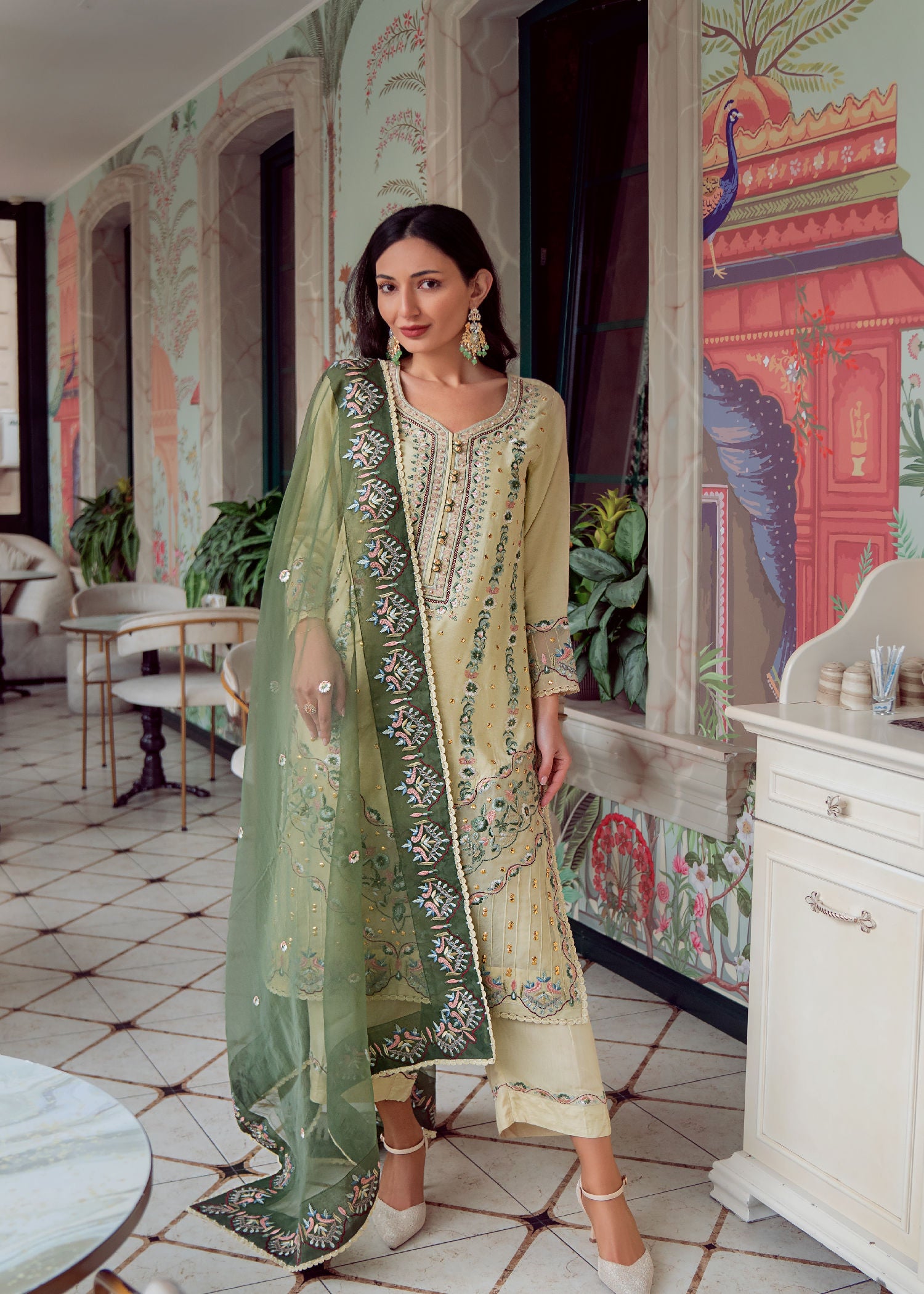 silk cotton net Kurta Set in Key lime