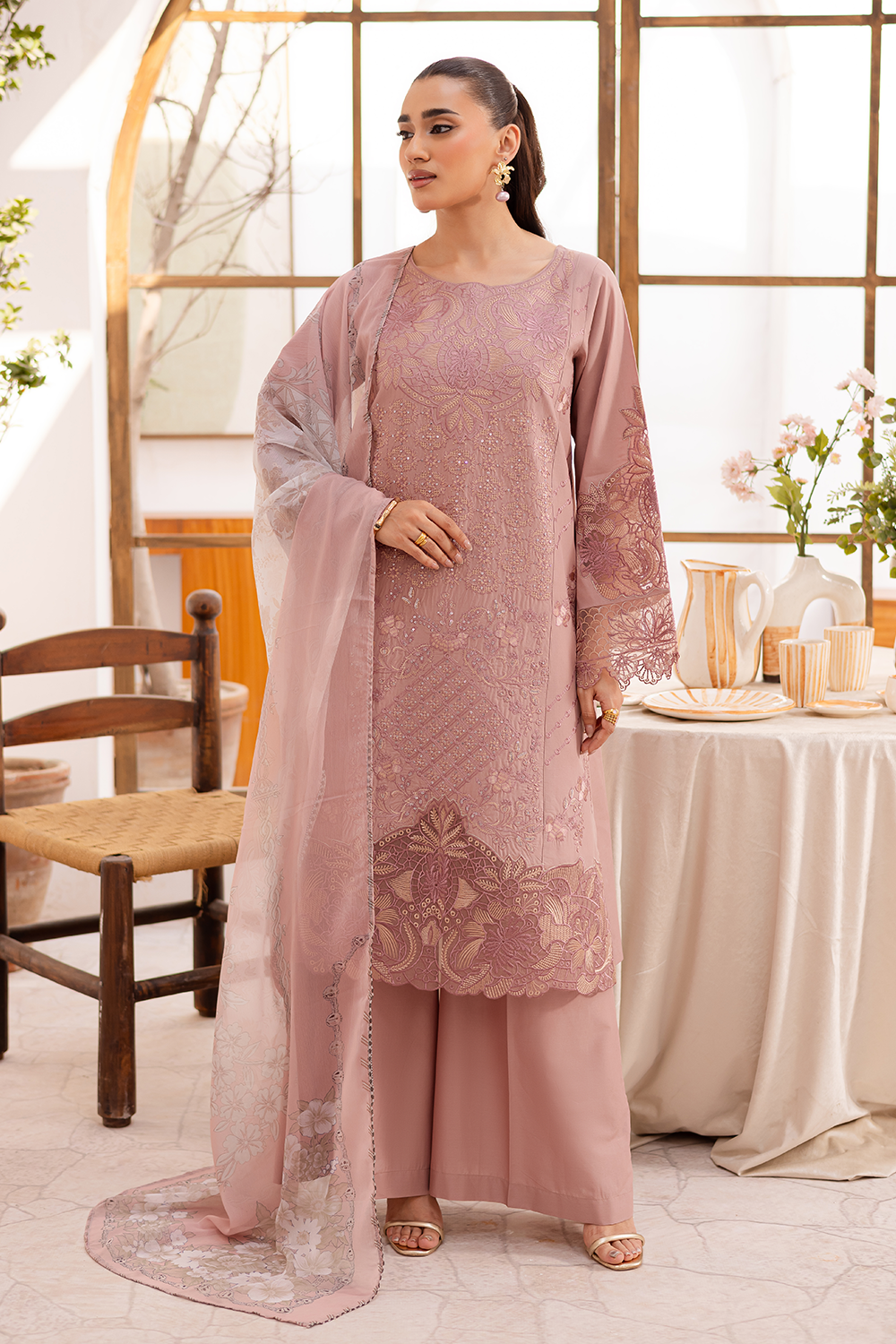 lawn Kurta Set in Indian pink