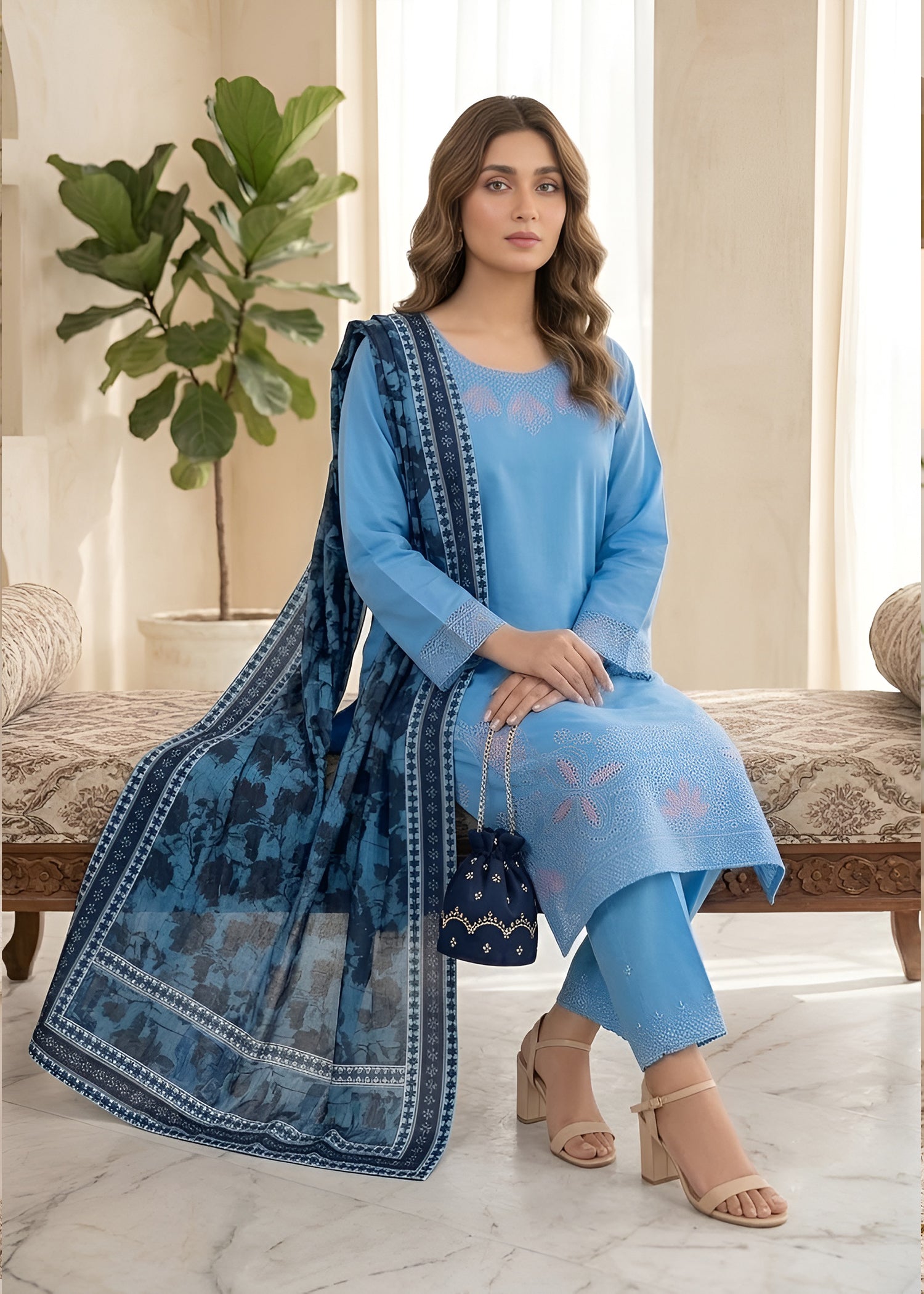 lawn Kurta Set in Steel blue