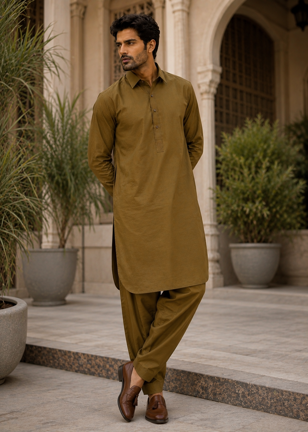 cotton Shalwar Kameez in Golden brown