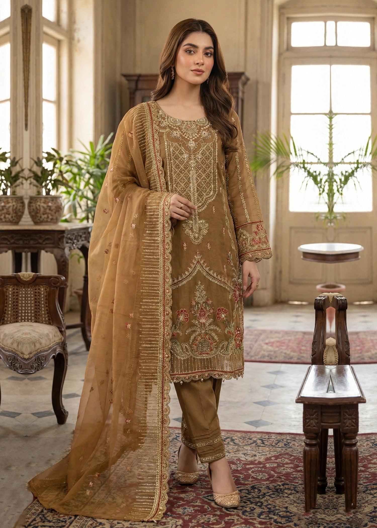 organza Kurta Set in Golden brown