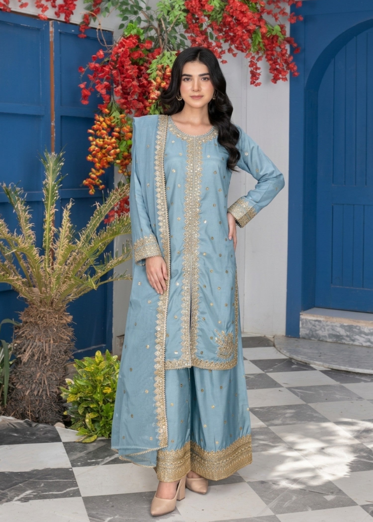 silk Kurta Set in Frost blue
