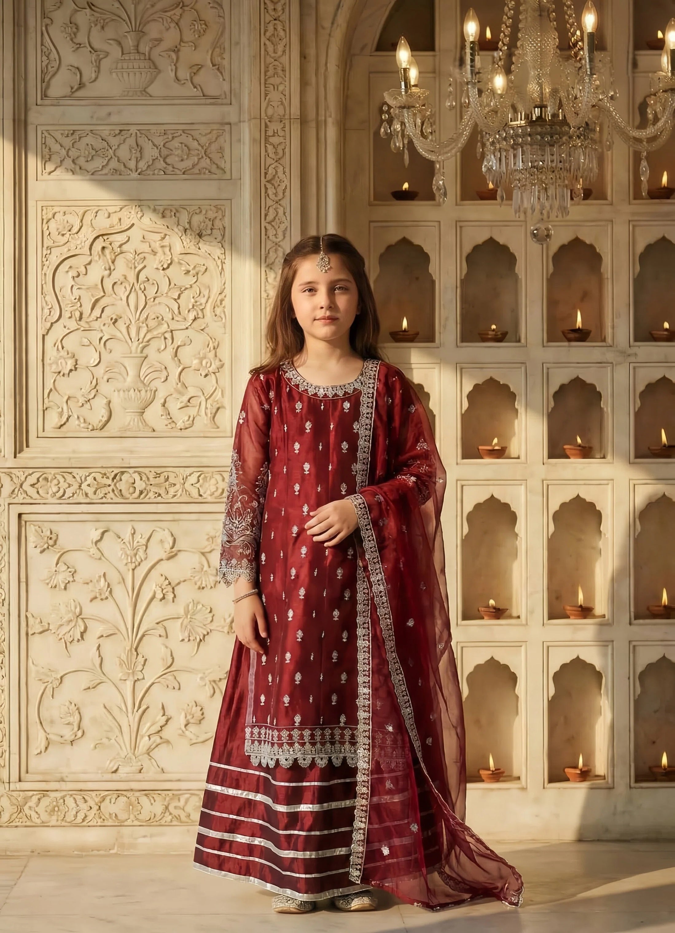 organza Lehenga in Cherry red