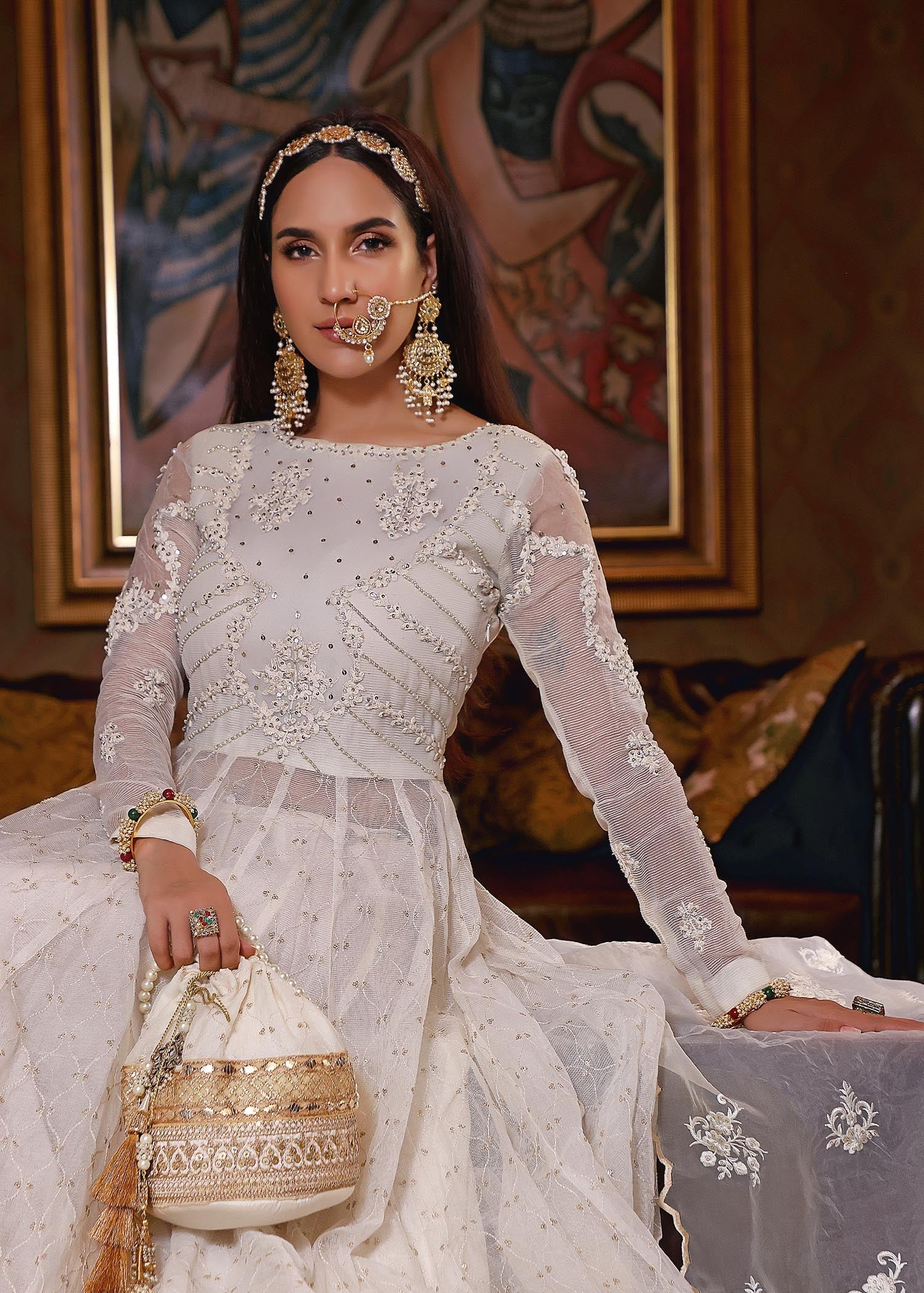 cotton karandi Pishwas in Ivory