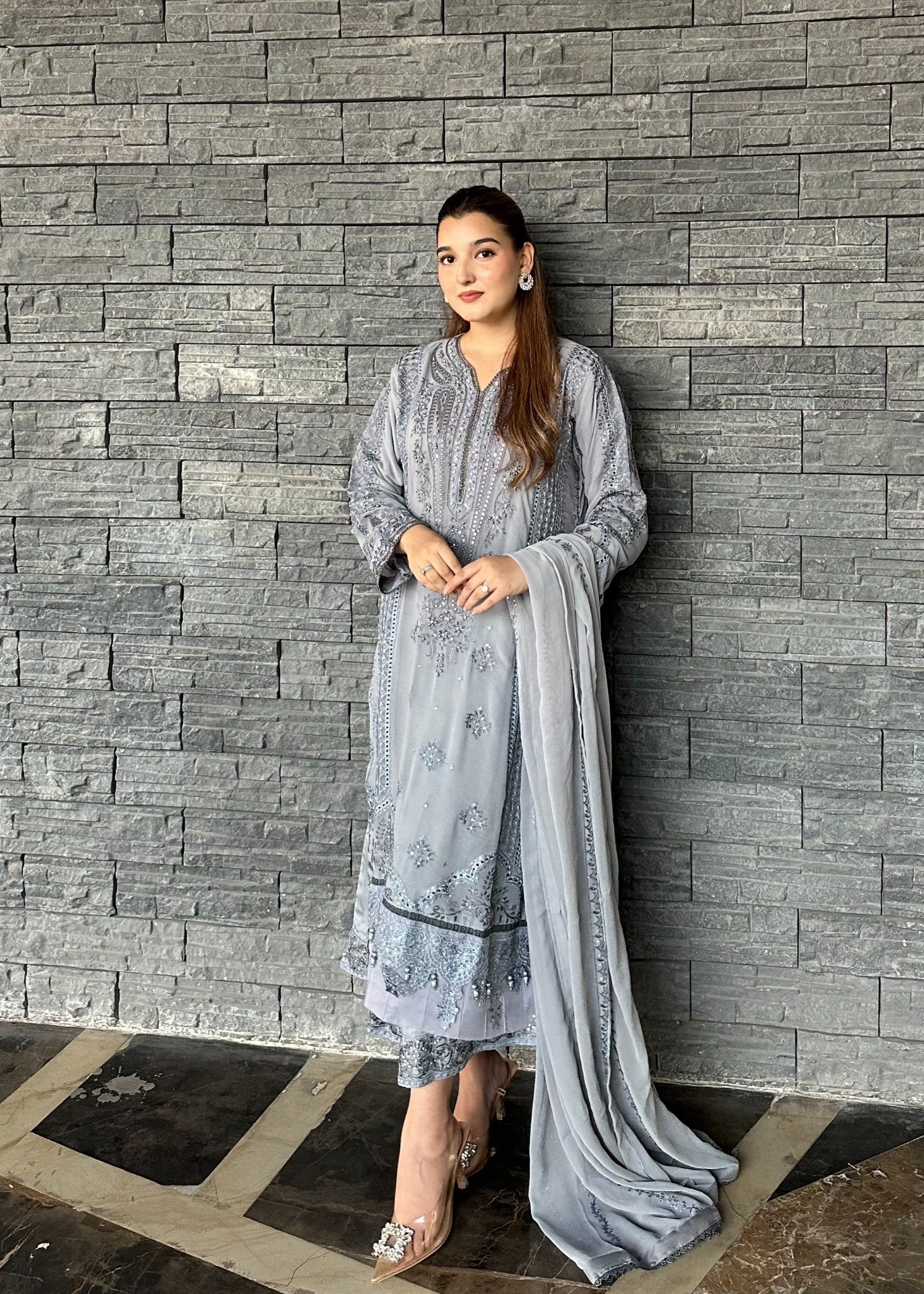chiffon Kurta Set in Duck egg grey