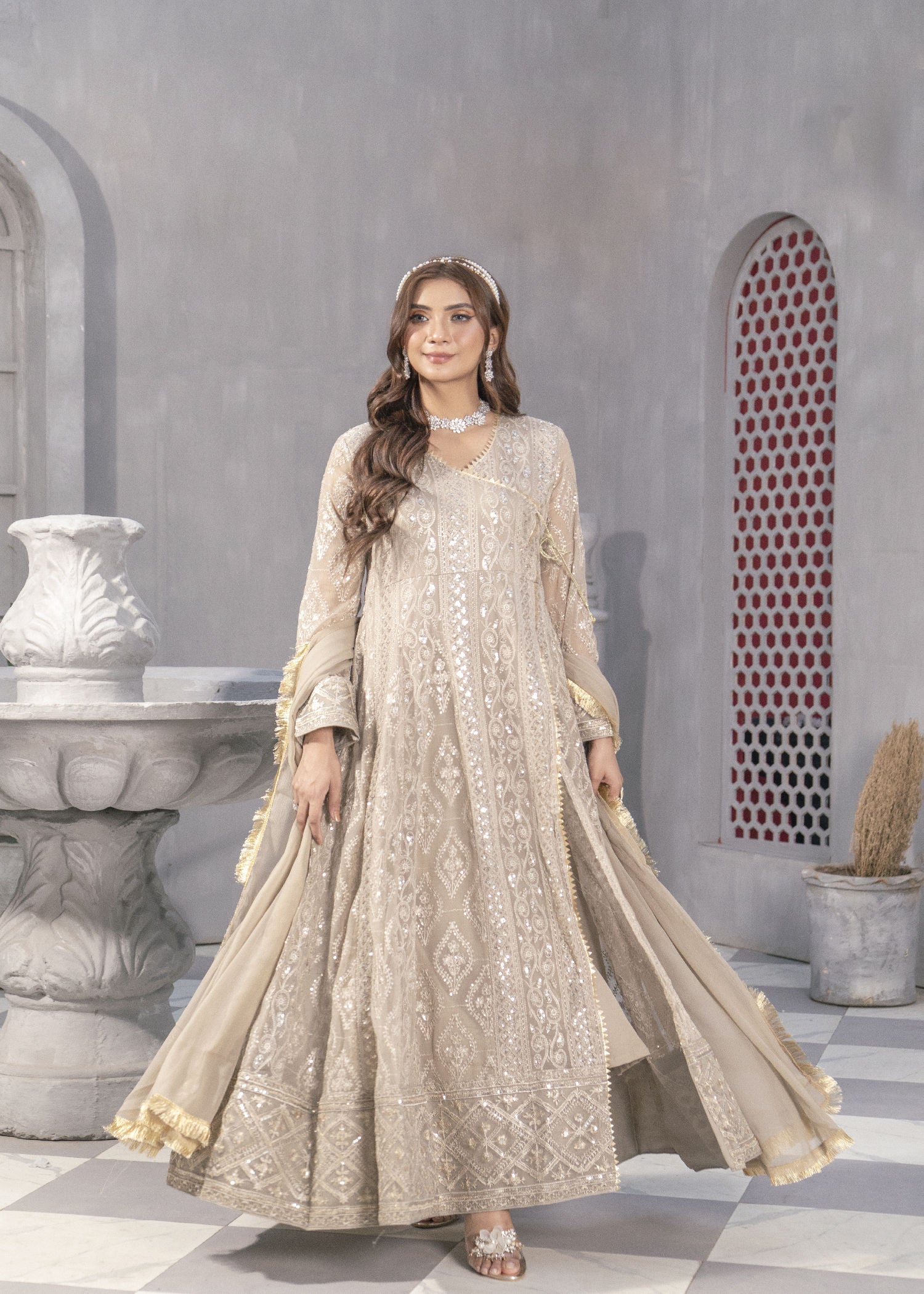 chiffon Angrakha in Beige