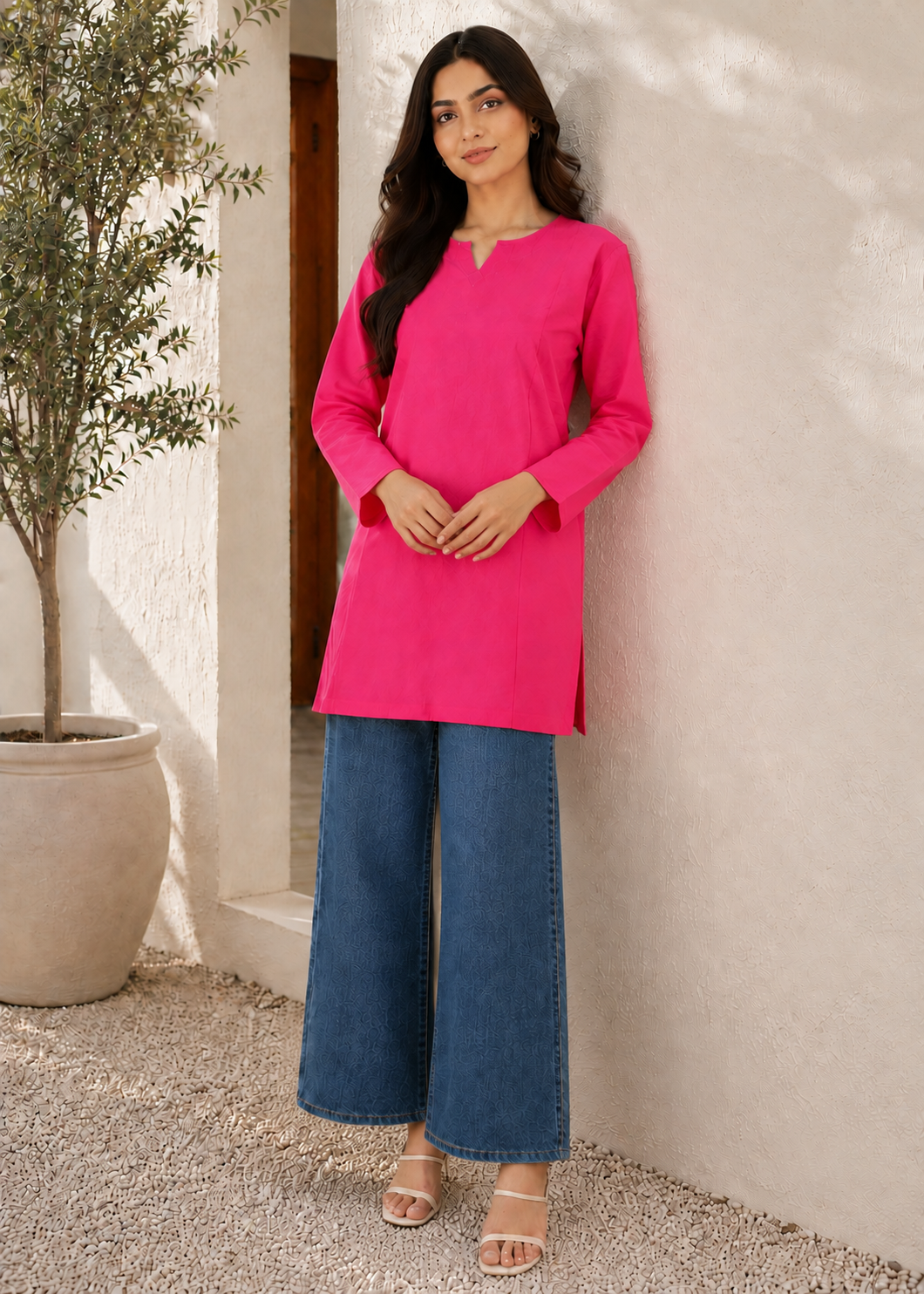 linen Kurti in Bubblegum pink
