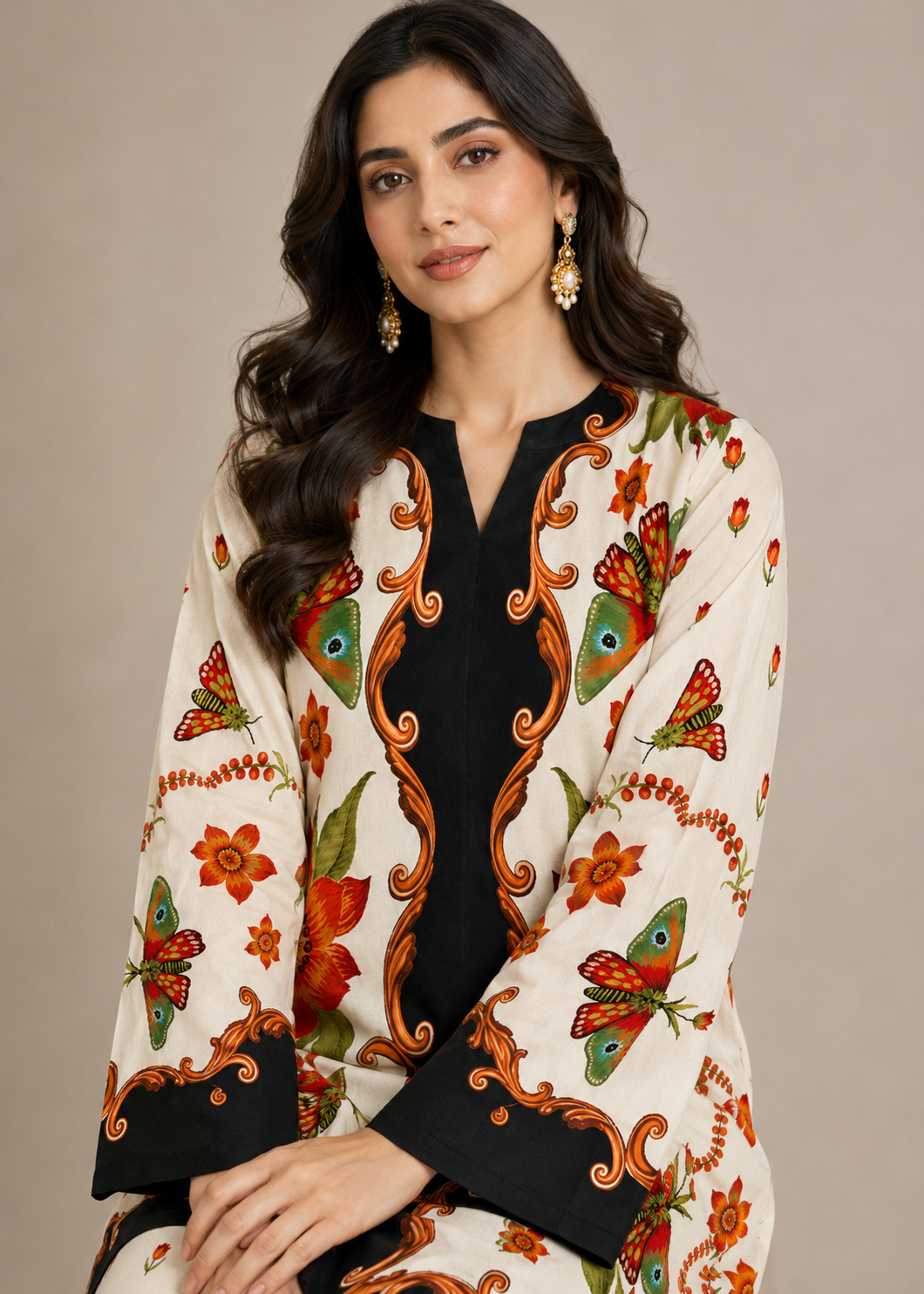 lawn Unstitched in Beige, black, orange