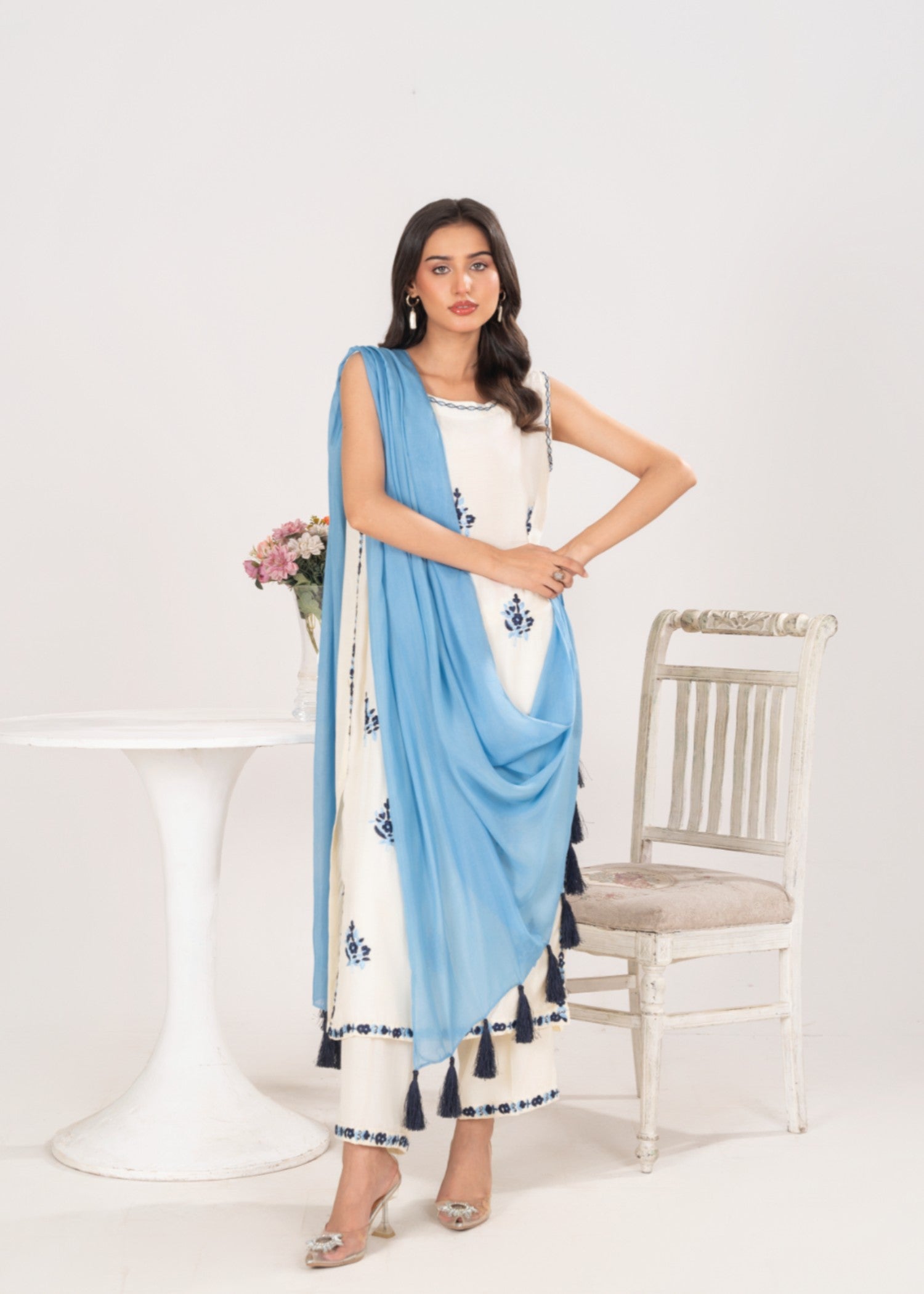 silk finish lawn Kurta Set in Ivory