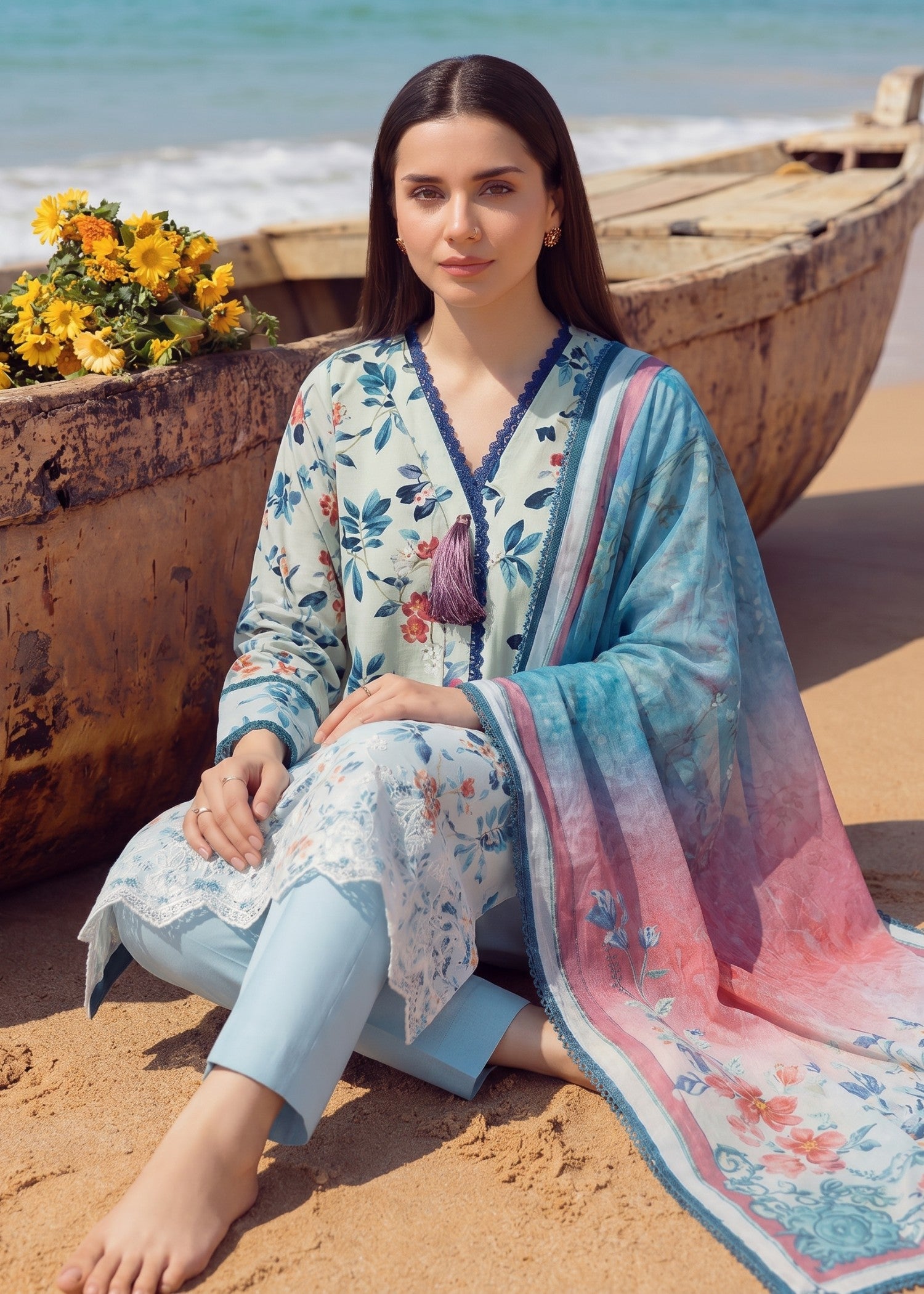lawn Kurta Set in Powder blue