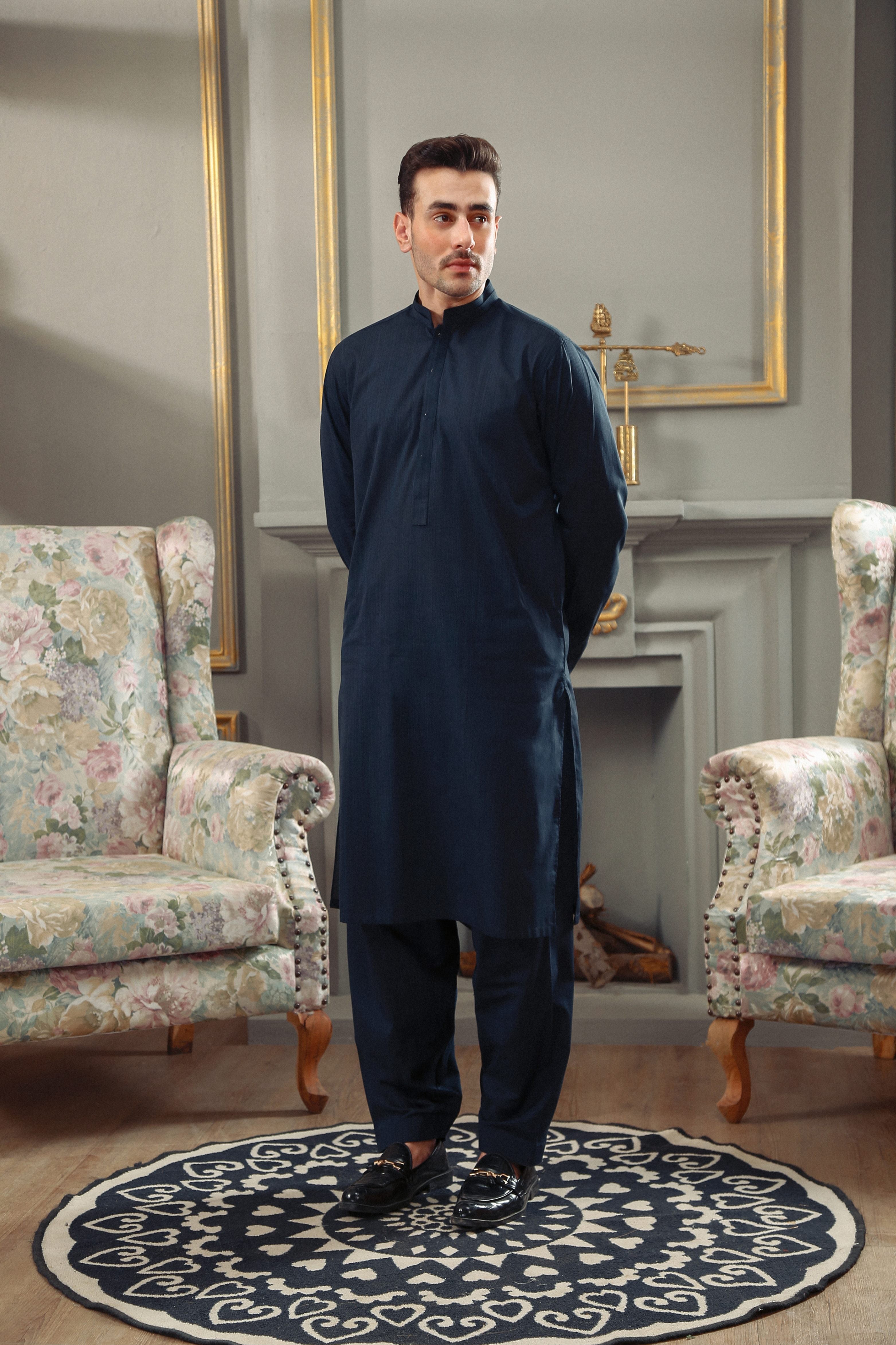 yarn dyed Shalwar Kameez in Navy blue