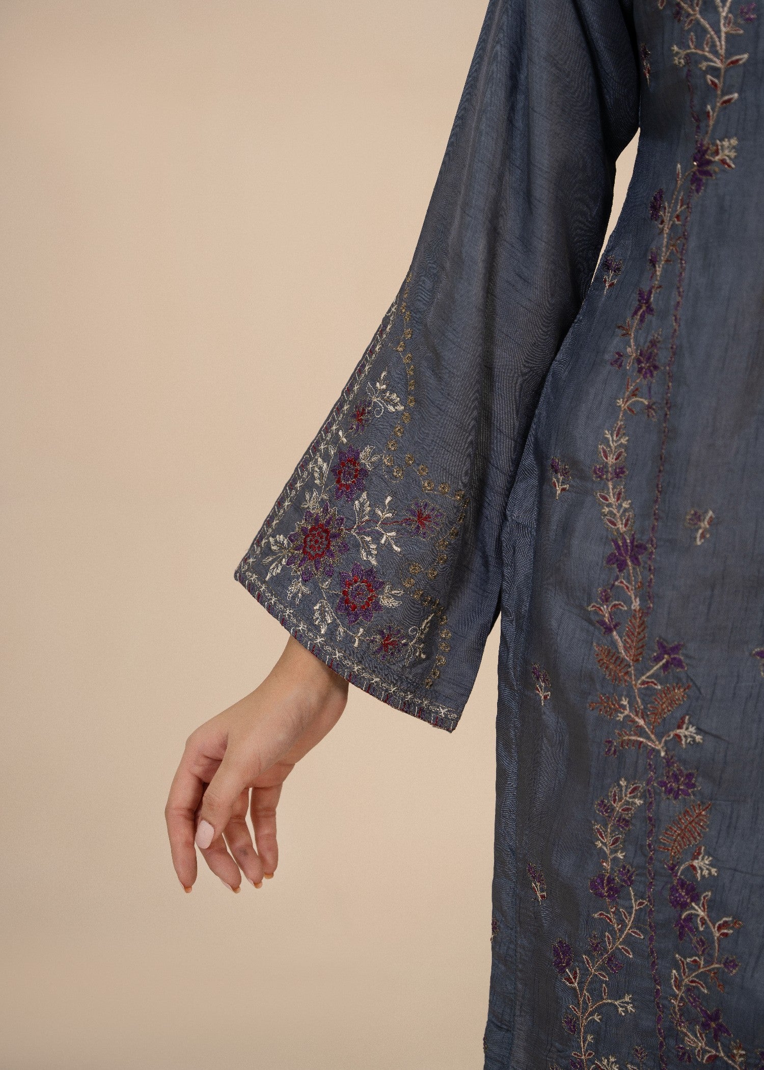 korean raw silk Kurta Set in Steal grey