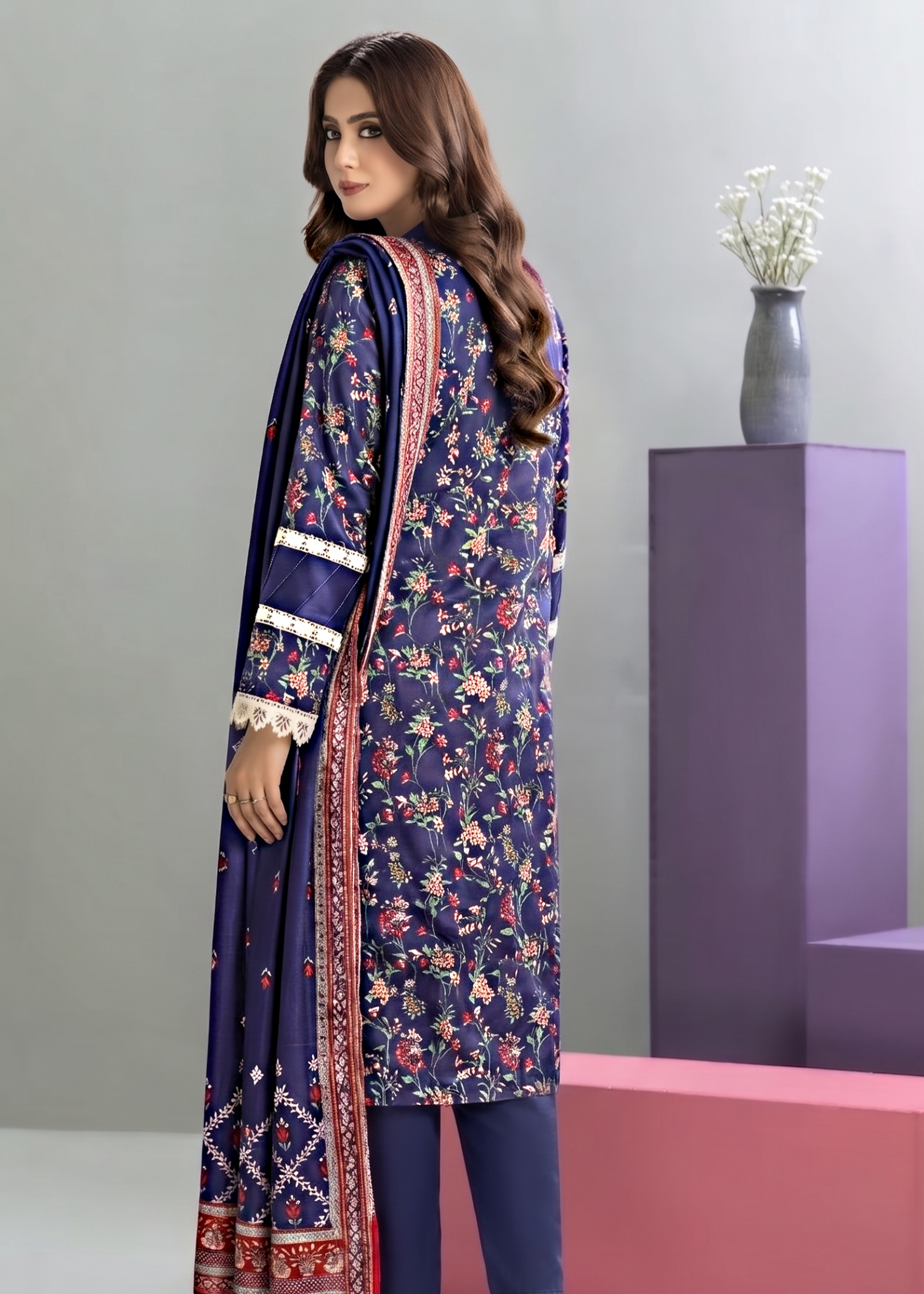 lawn Kurta Set in Midnight blue