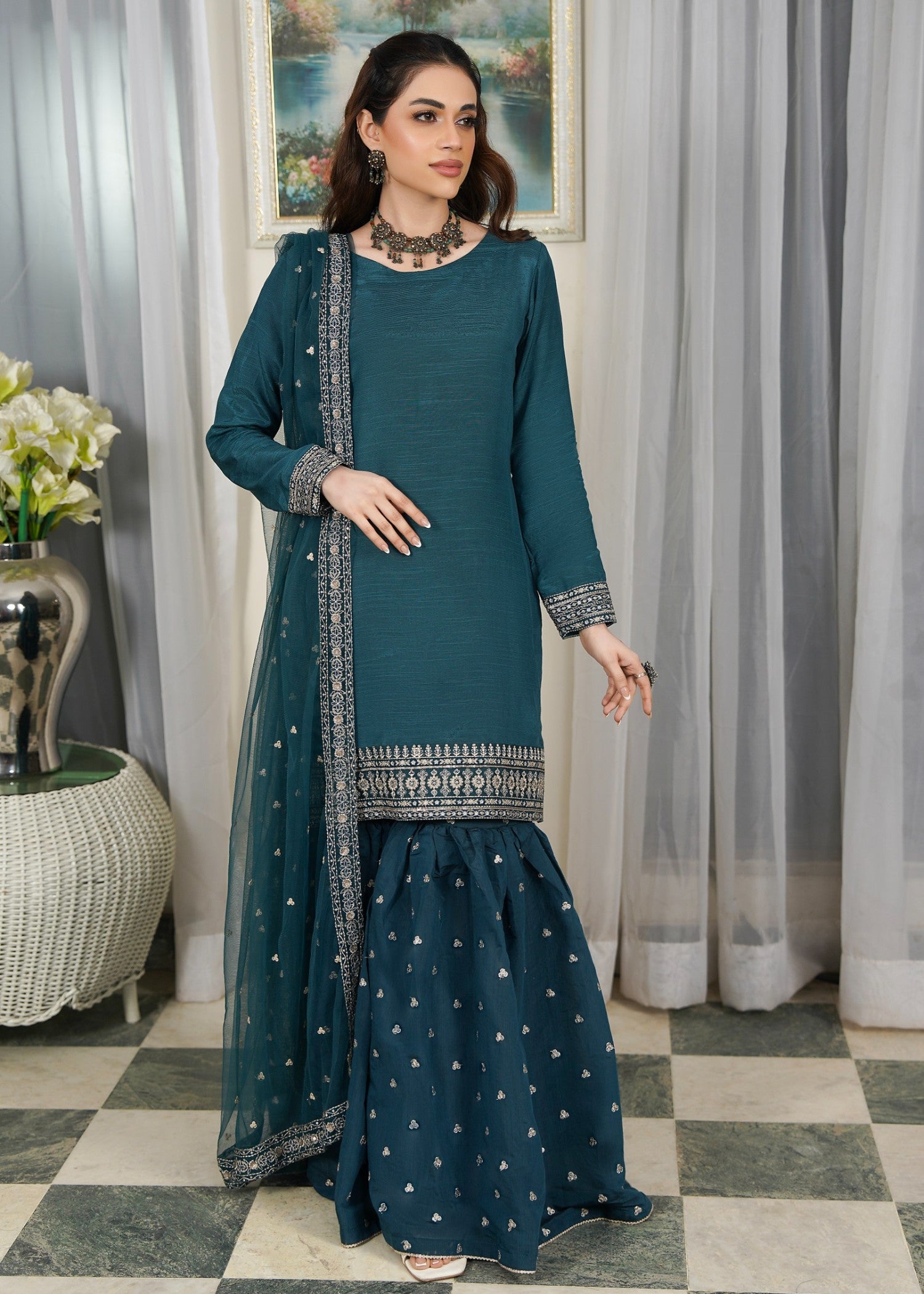 raw silk Gharara in Teal