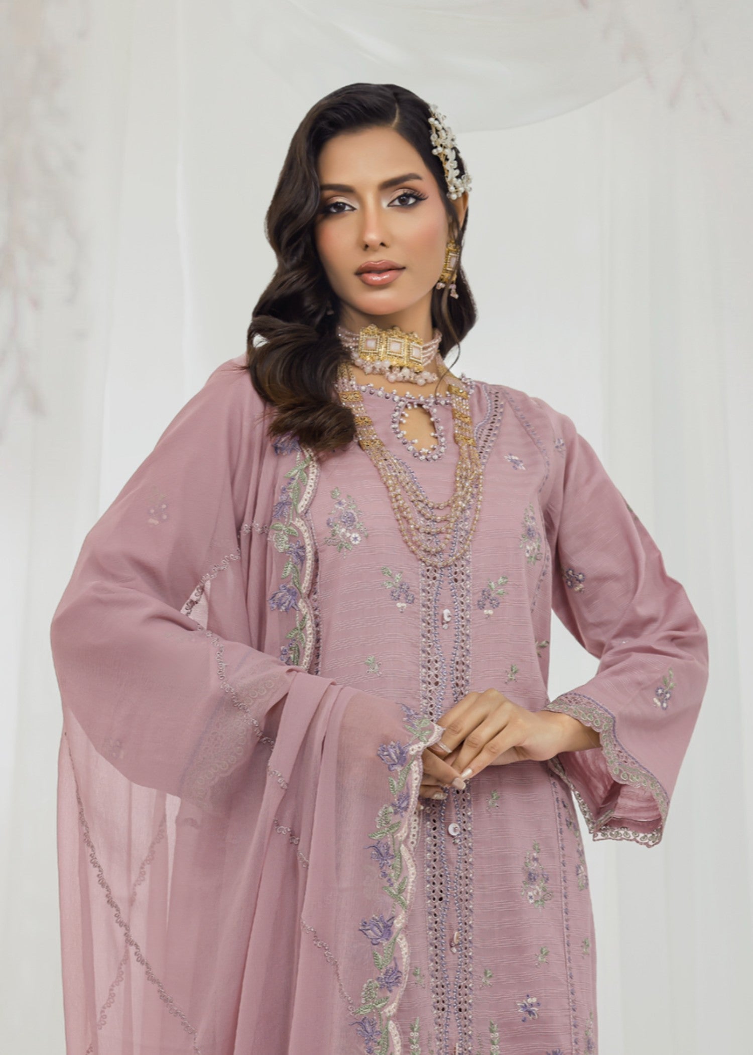 slub cambric Kurta Set in Mauve pink