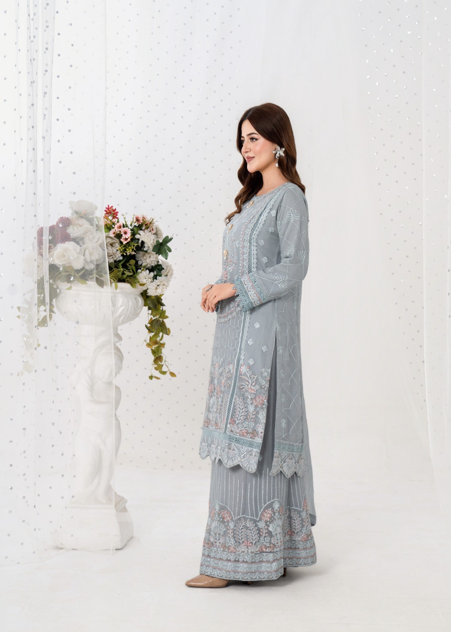 pk crinkle chiffon Kurta Set in Pastel grey