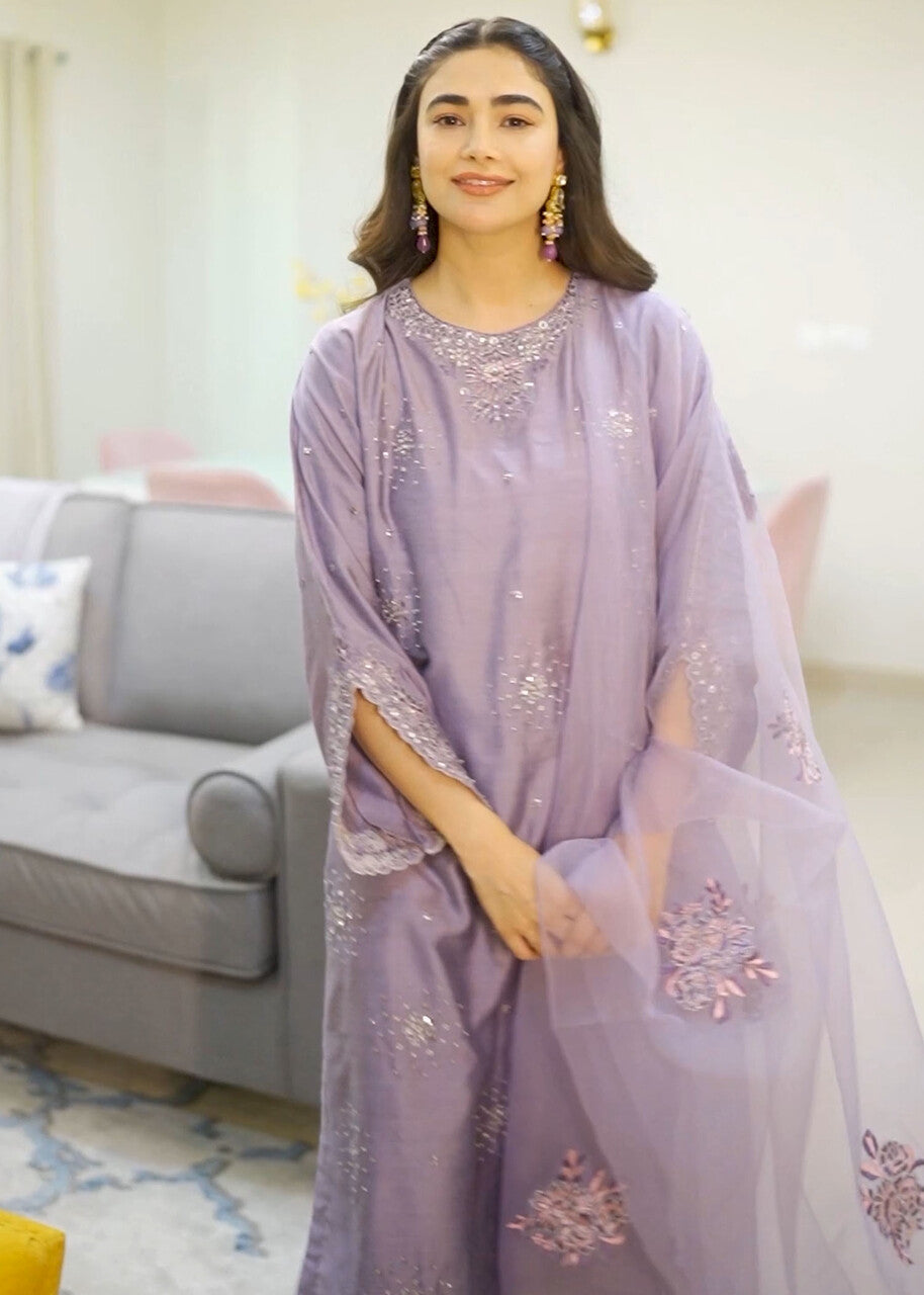khaddi silk Kurta Set in Lavender