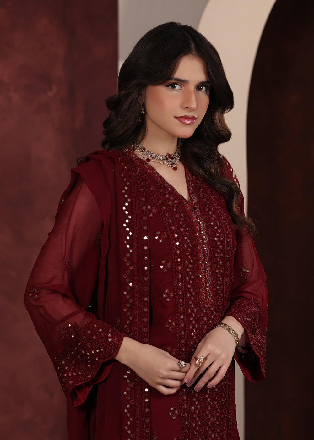 chiffon Kurta Set in Fire red