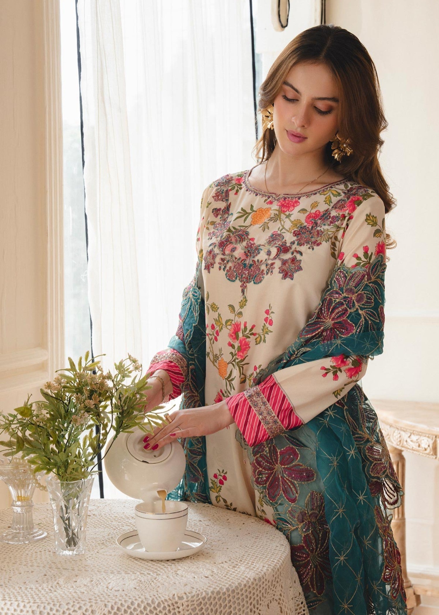 poly lawn Kurta Set in Teal, red, off-white