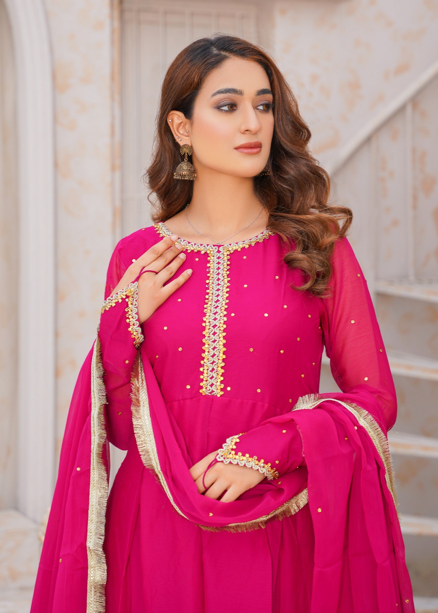 chiffon Anarkali in Hot pink