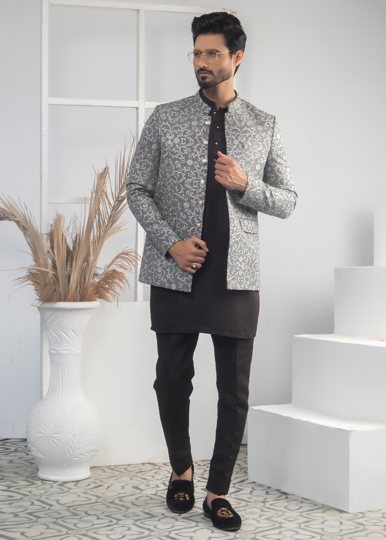 raw silk Prince Coat in Steal grey