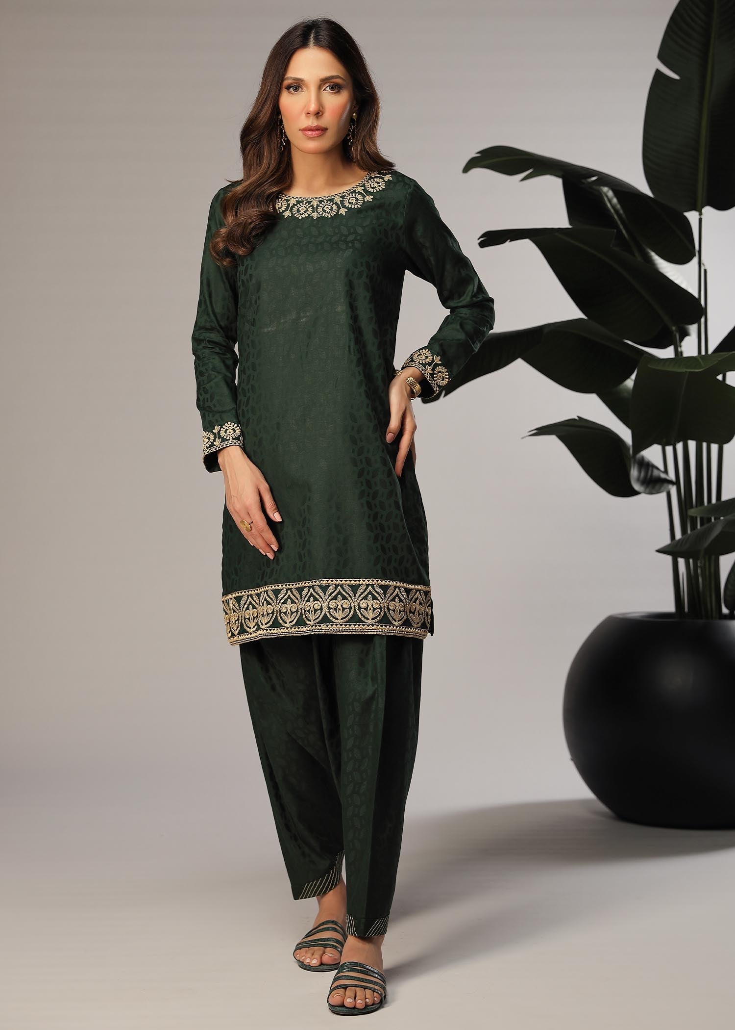 self jacquard Kurta Set in Dark green