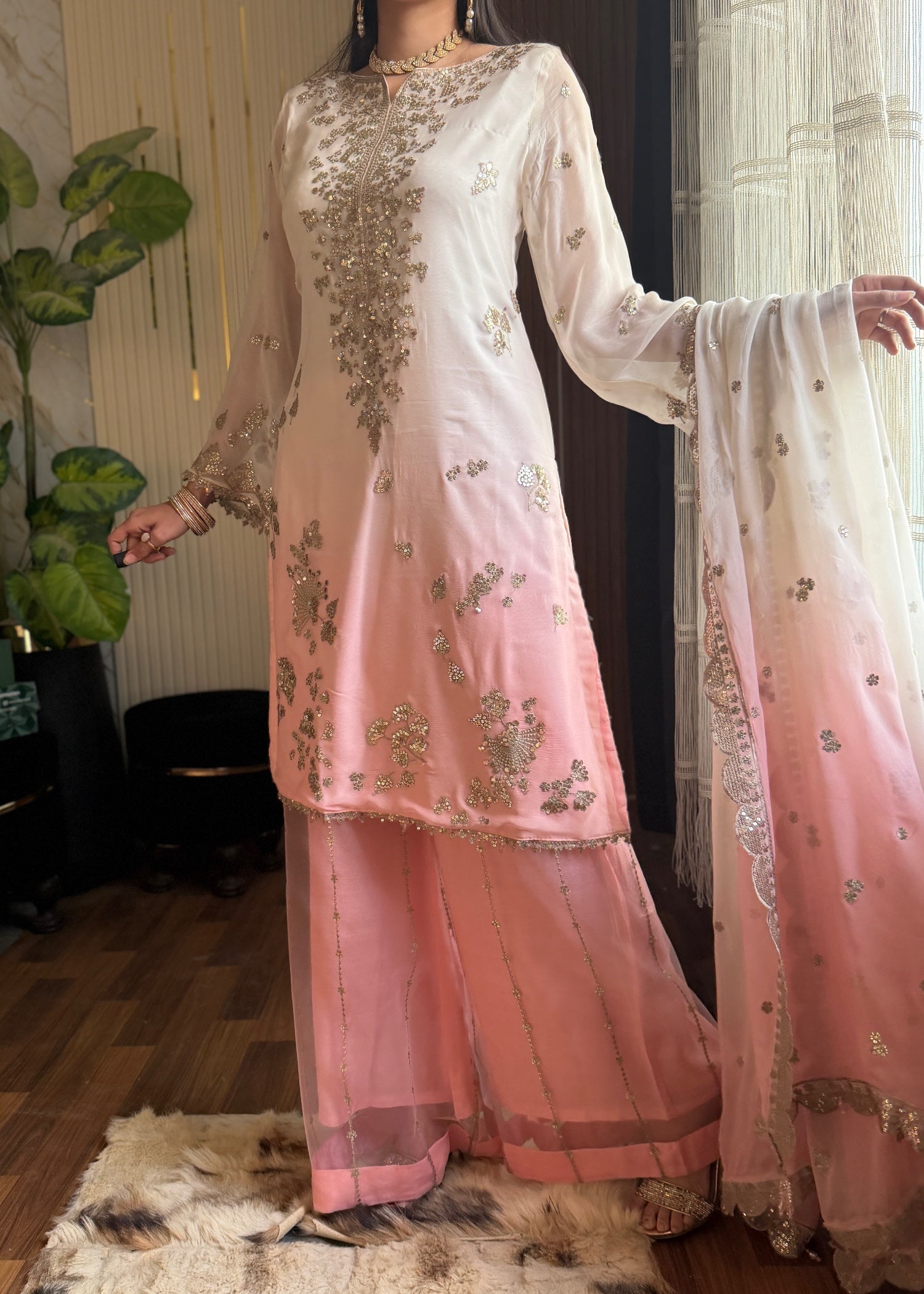 chiffon Kurta Set in Pink, off-white