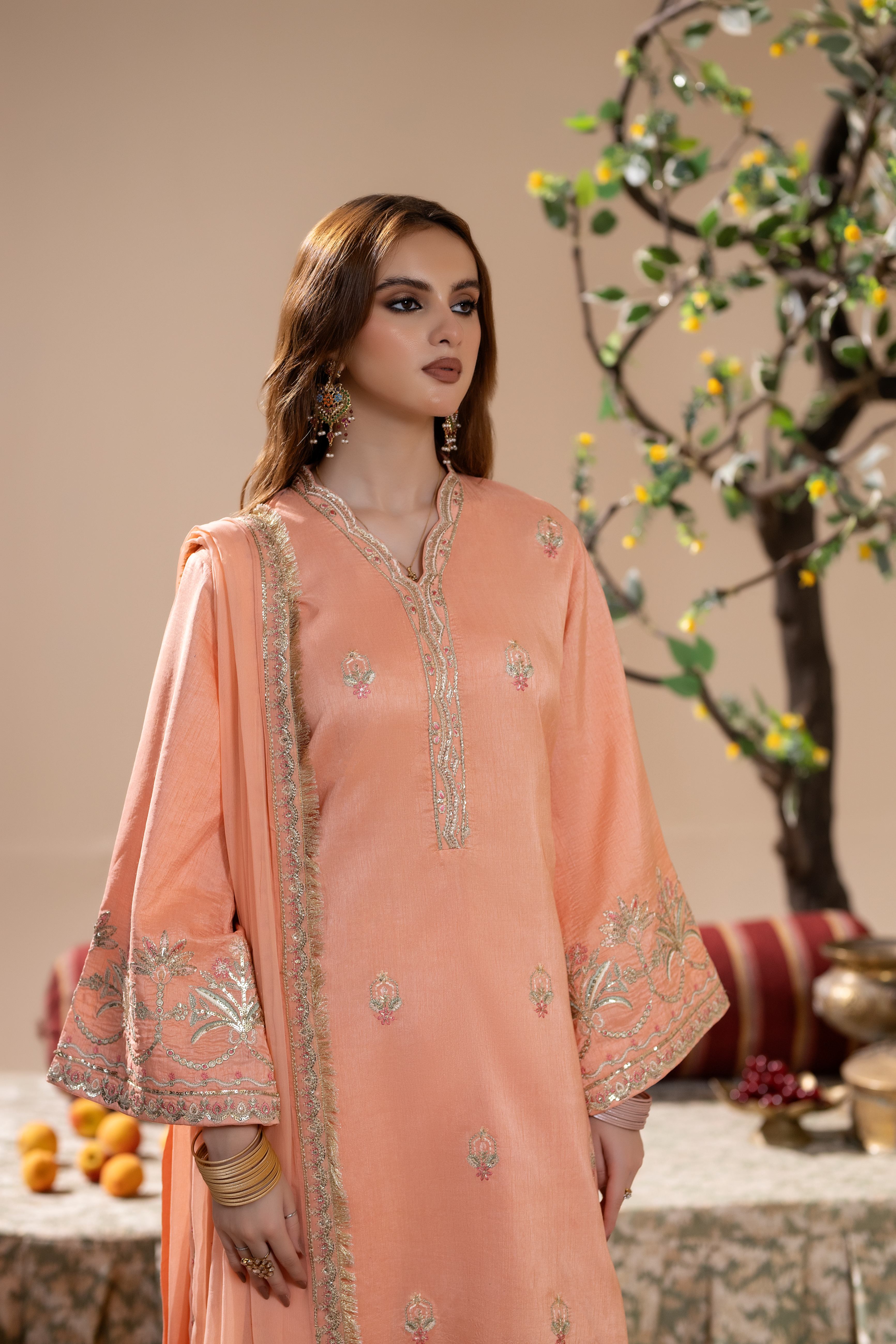 korean raw silk Kurta Set in Apricot orange