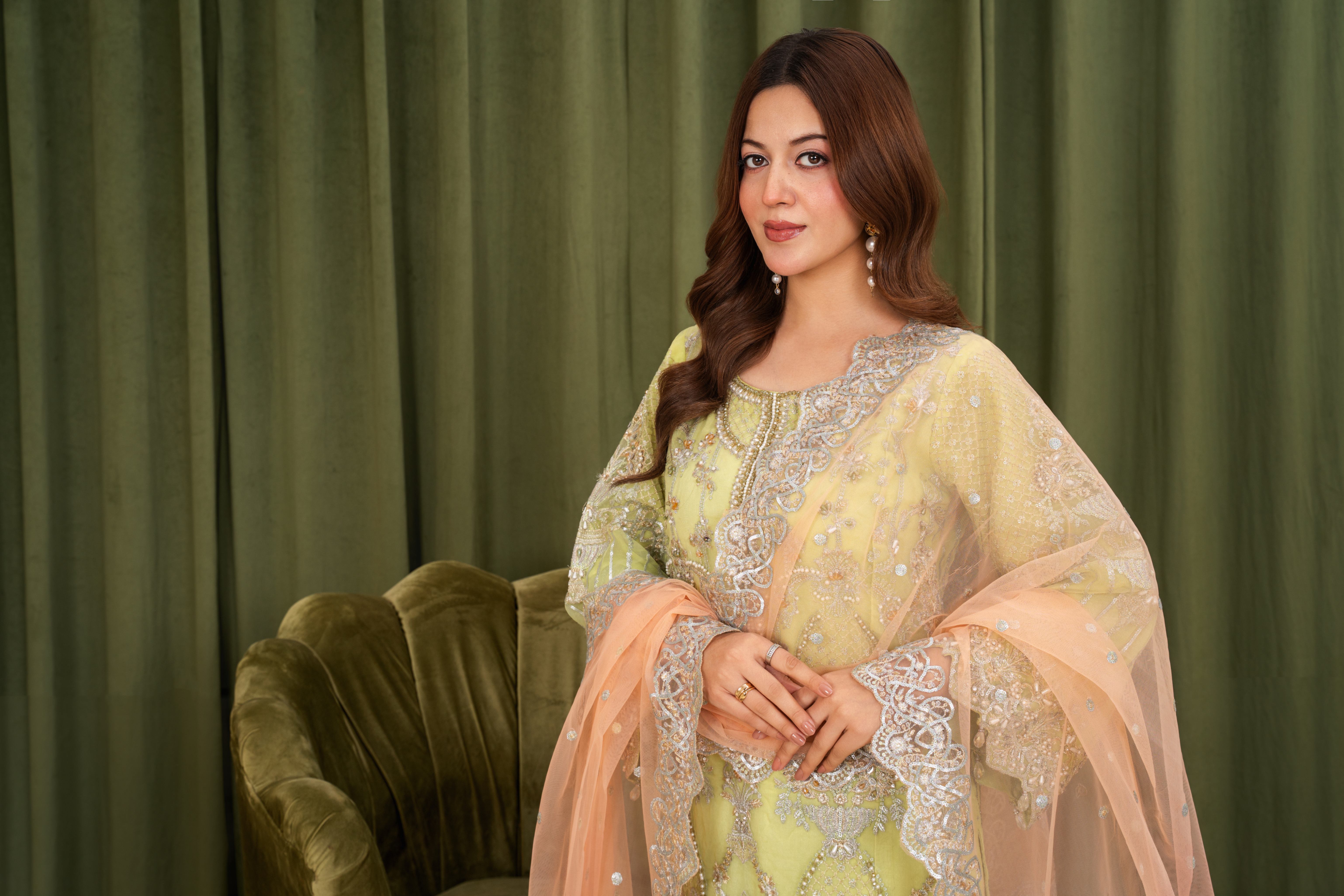 crystal organza Kurta Set in Pear