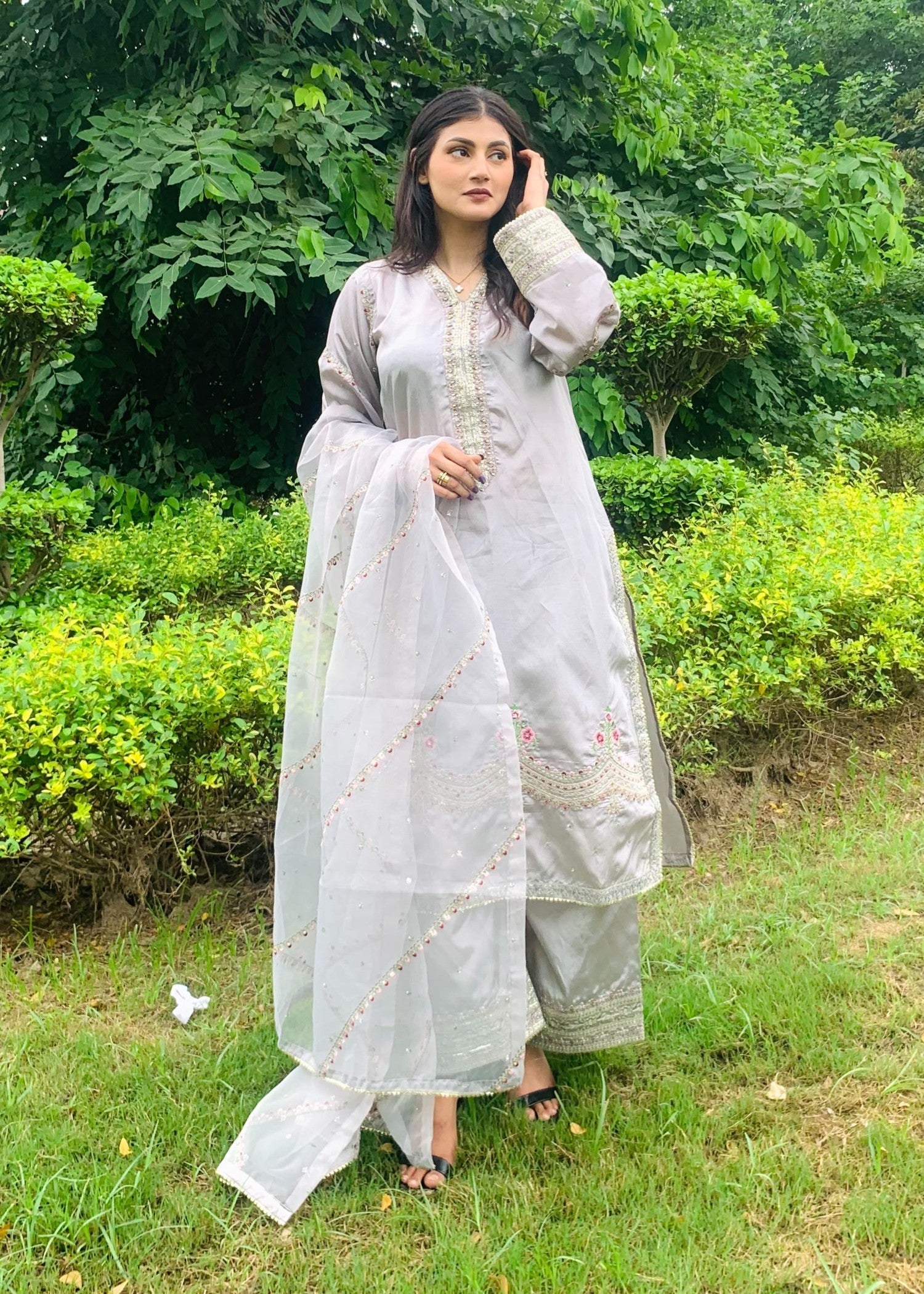 tussar silk Kurta Set in Pastel grey