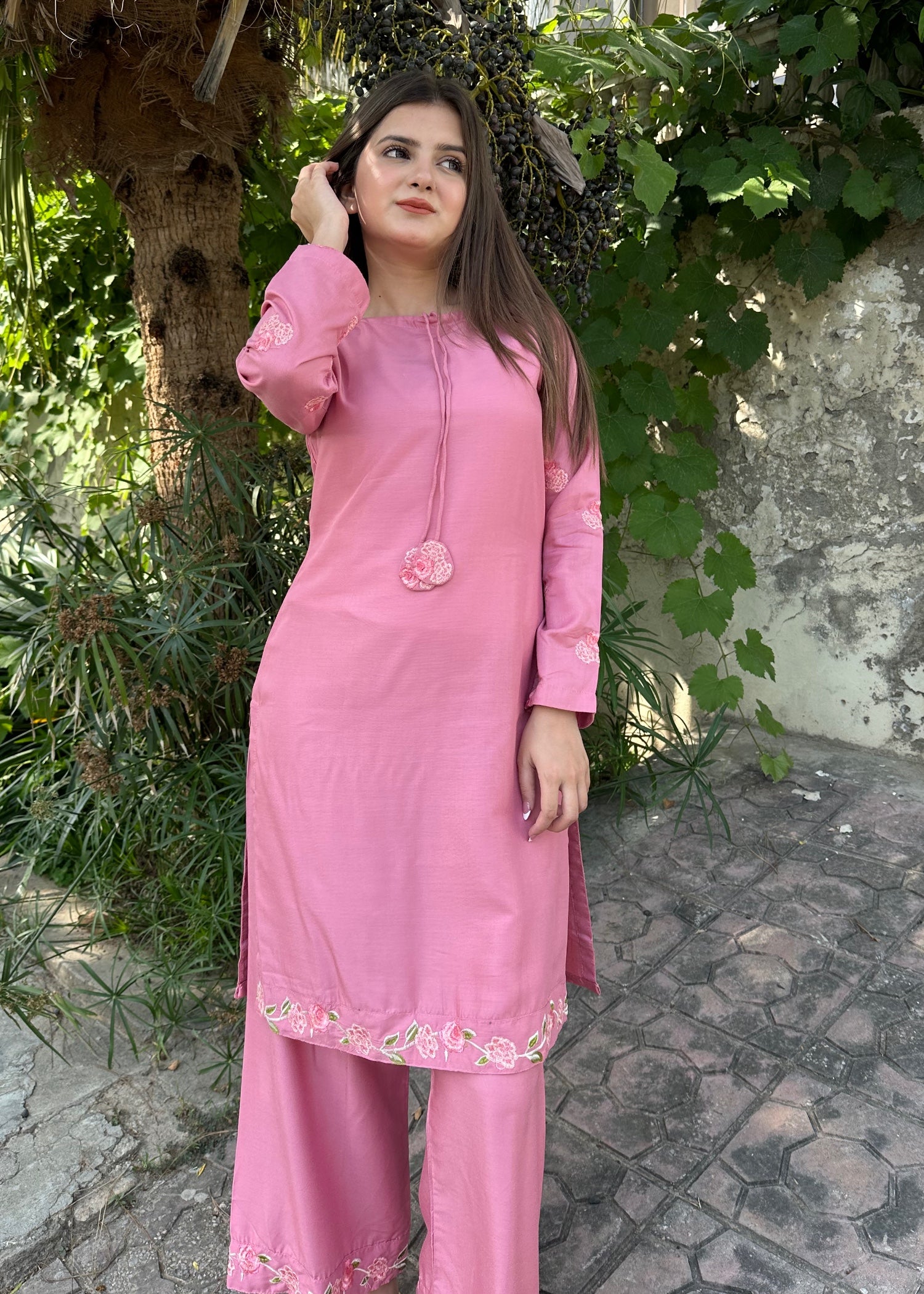 arabic lawn Kurta Set in Tea rose pink