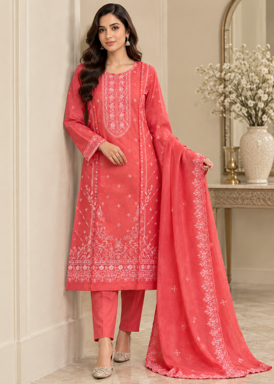 lawn cotton Kurta Set in Coral pink